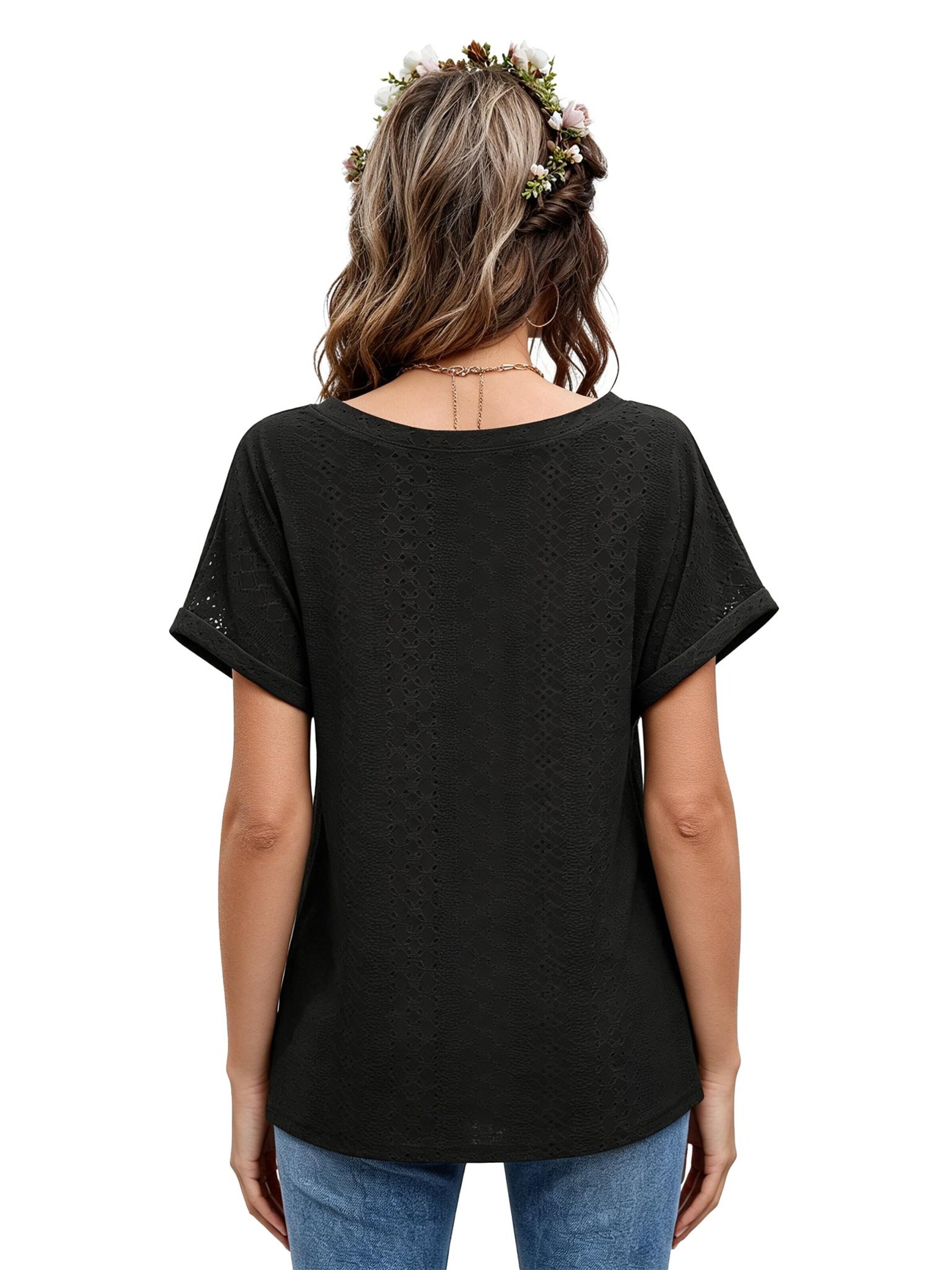 KoJooin Bluse 'Damen-Tops mit Lochstickerei, Kurzarm-T-Shirts, Blusen, Sommer Outfits, Strandurlaubskleidung'‌‌‌‌‌‌ in Schwarz