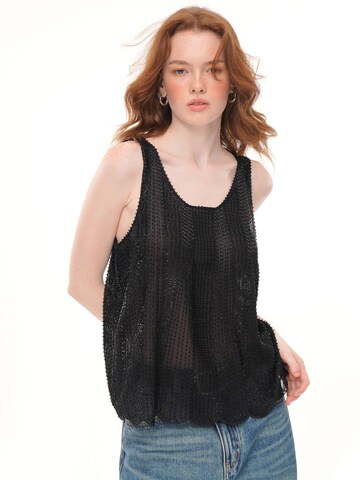 yoligex Koszulka 'Black Sheer Rhinestone Bow Strap Cami Top' w kolorze czarny