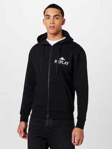 REPLAY Zip-Up Hoodie in Black: front