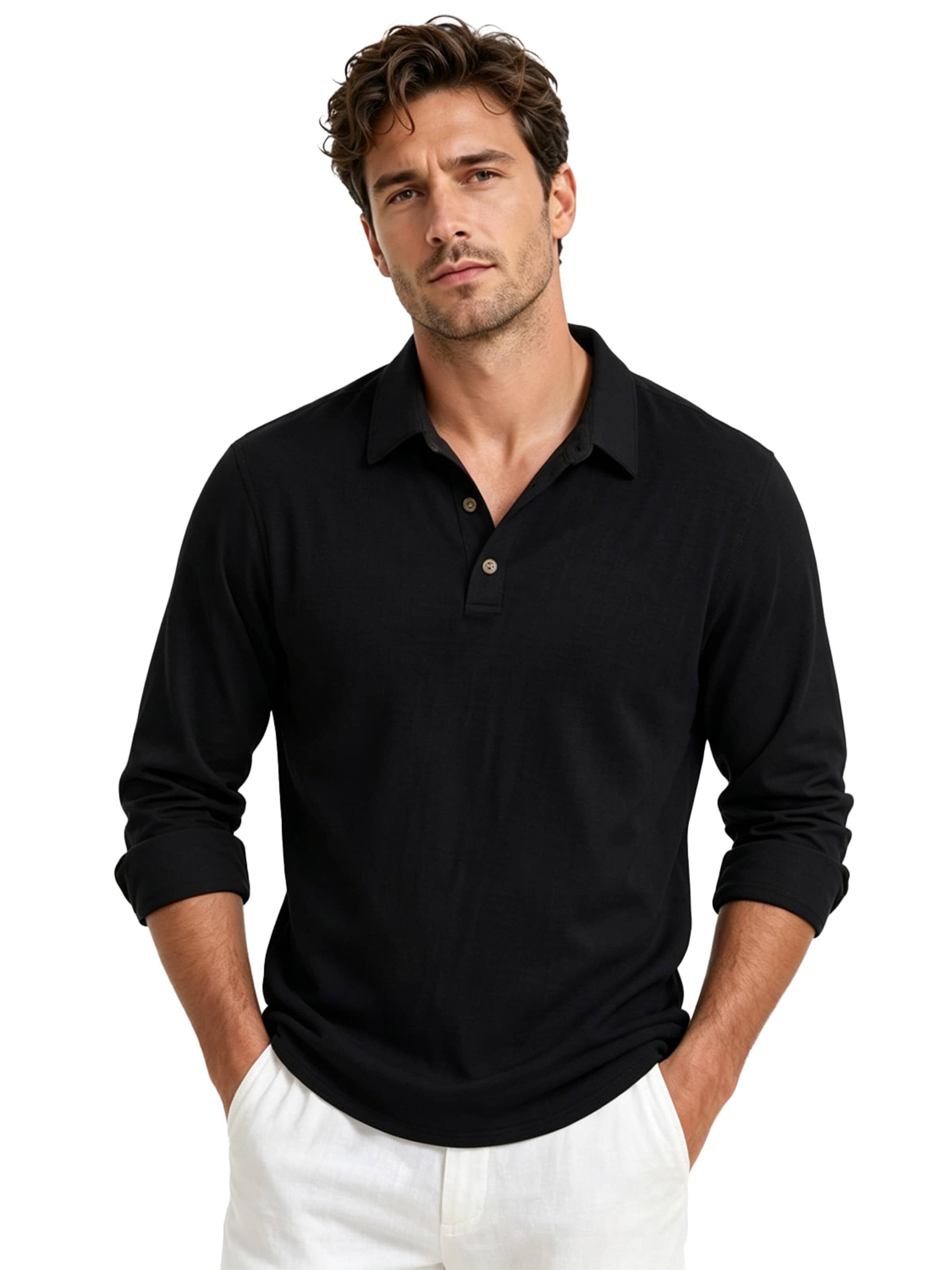 KoJooin Shirt 'Herren Langarm Polo-Shirt – Lockerer Schnitt, Komfortabler Casual-Look' in Black