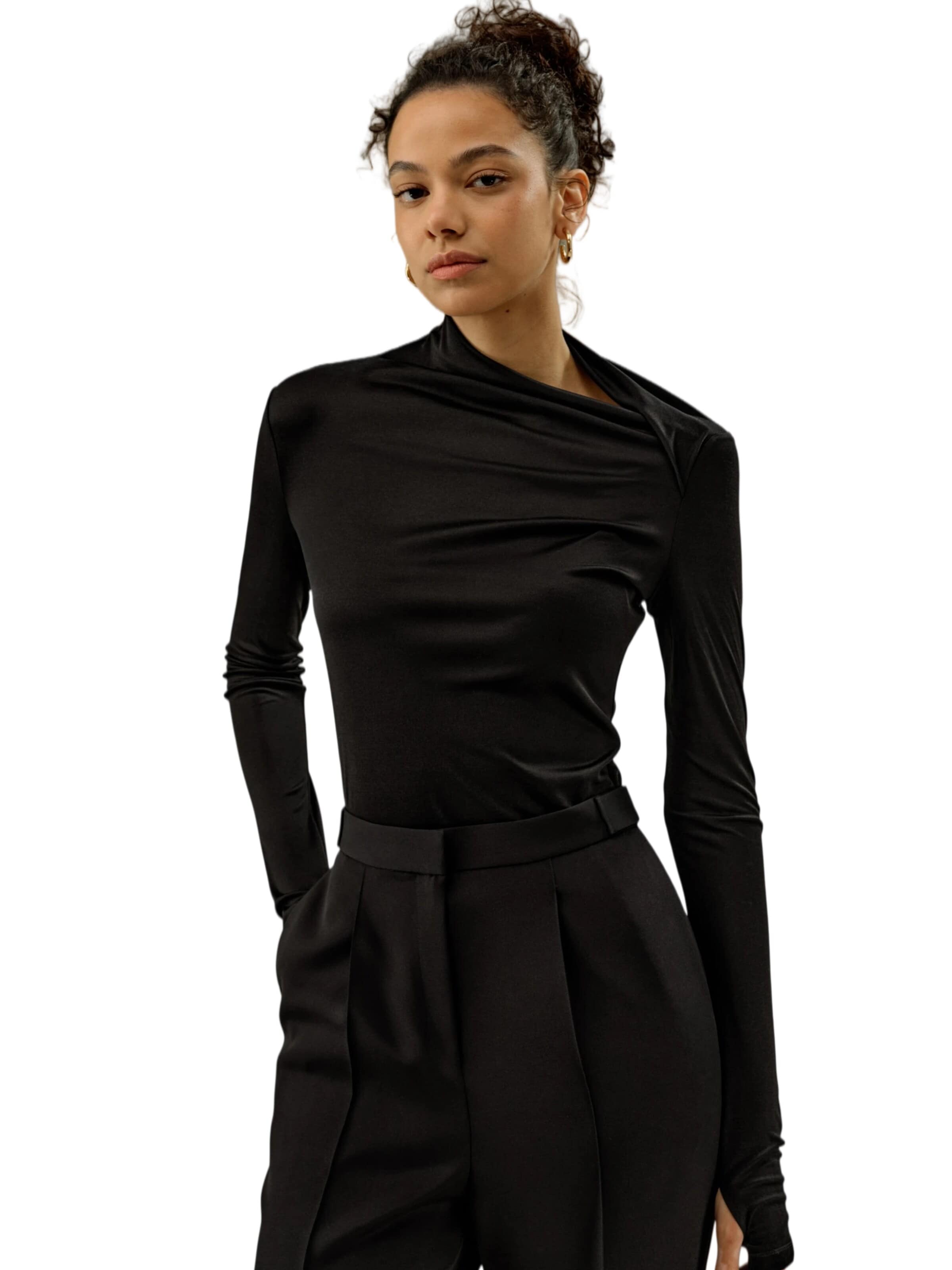 Lilysilk Top 'Seidenjersey Schmales Langarm Top' in Zwart
