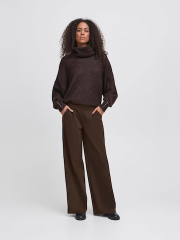 ICHI Wide leg Bandplooibroek 'Kate' in Bruin: voorkant