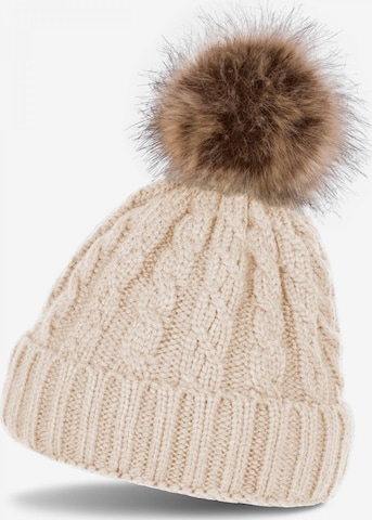 styleBREAKER Mütze 'Strick Bommelmütze mit Zopfmuster' in Beige: Vorderseite