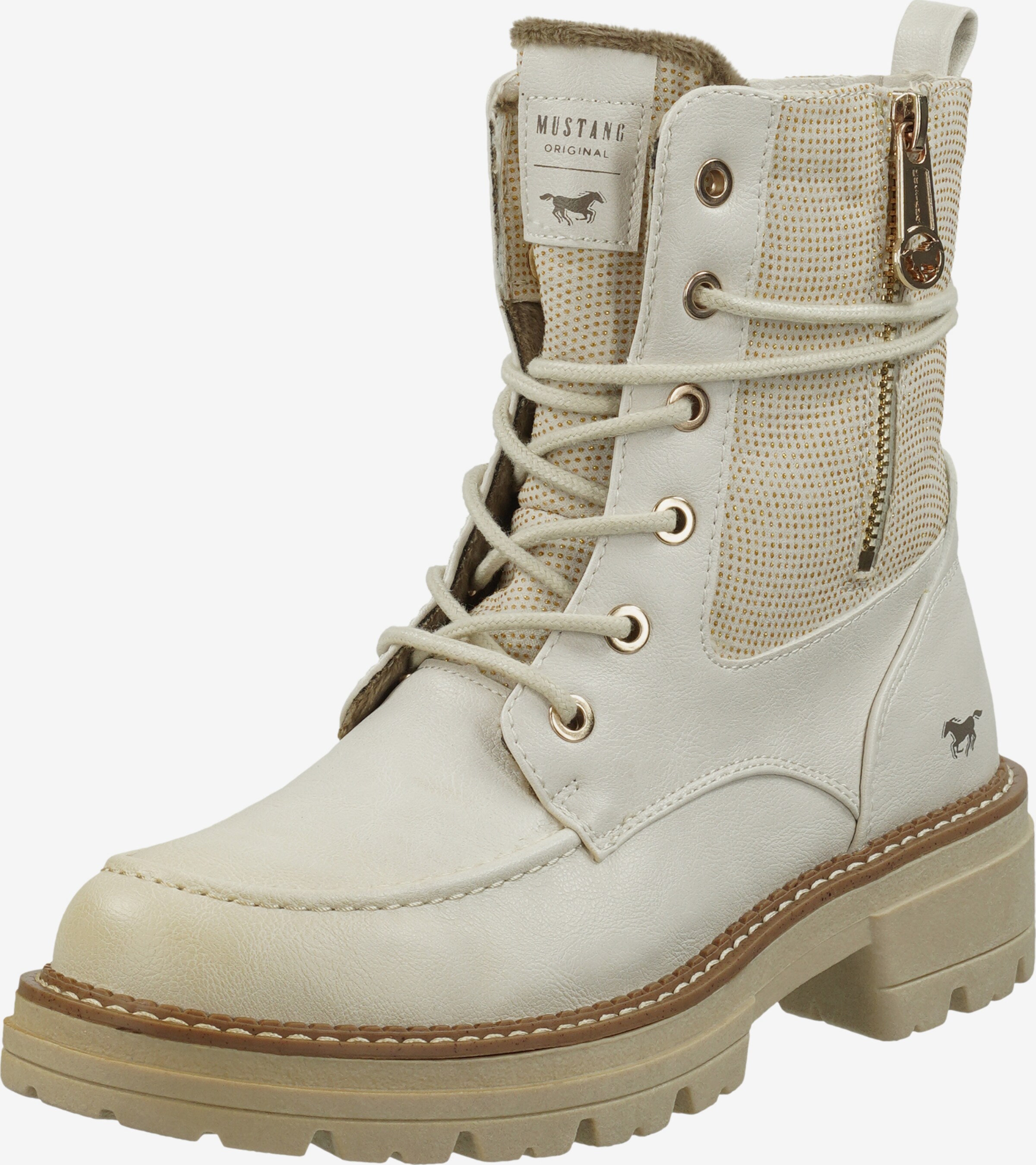 Bottines MUSTANG Blanc Cassé à Talon Moyen Décroché - Avec Lacets Et Zip Latéral, Style Décontracté Et Élégant