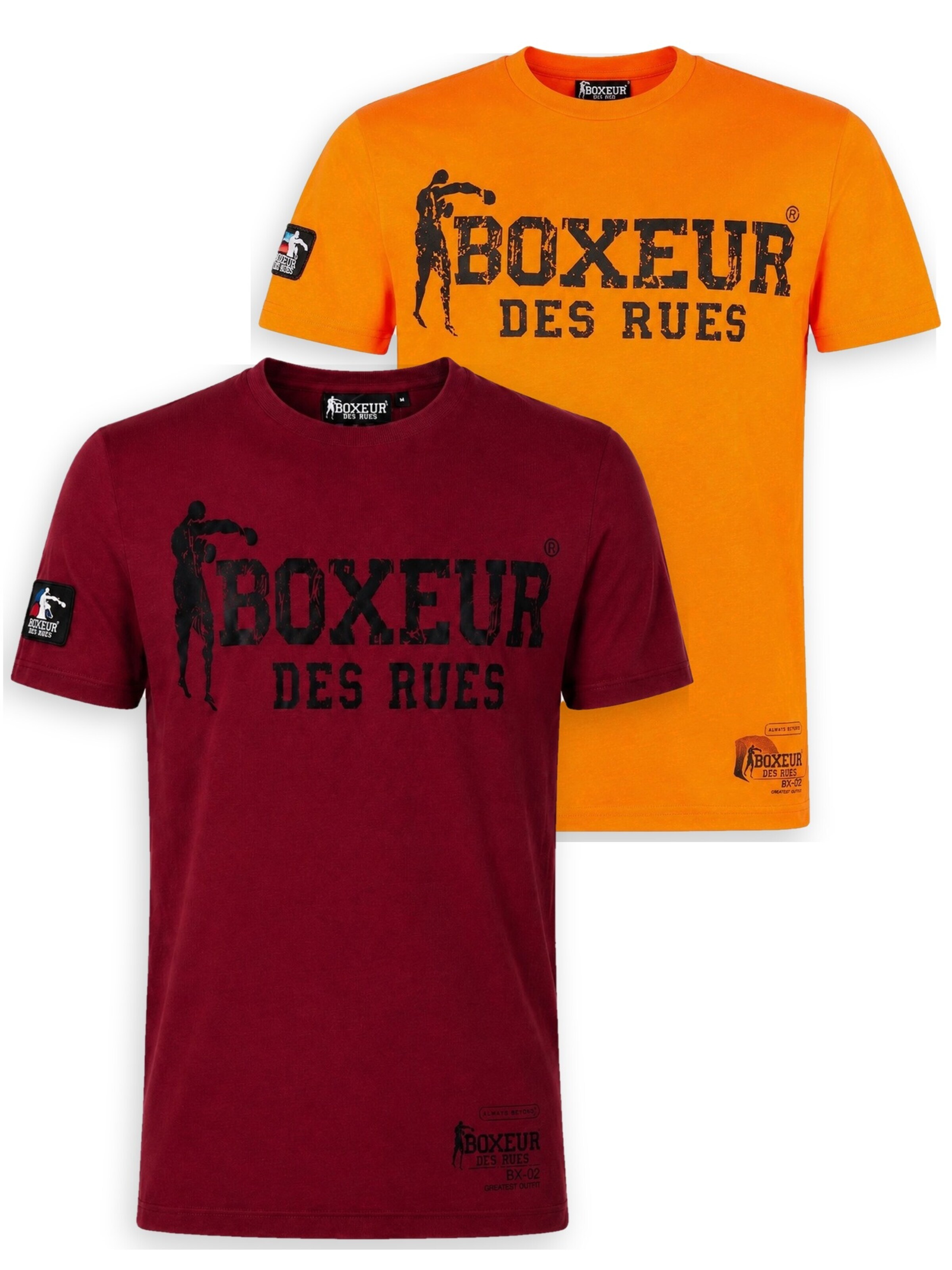 Boxeur des Rues - Camiseta 'Herren T-Shirt 2er-Pack Boxeur des Rues Slim Fit: Bordeaux, Schwarzes Logo + Orange, Schwarzes Logo' en Mezcla de colores: frente