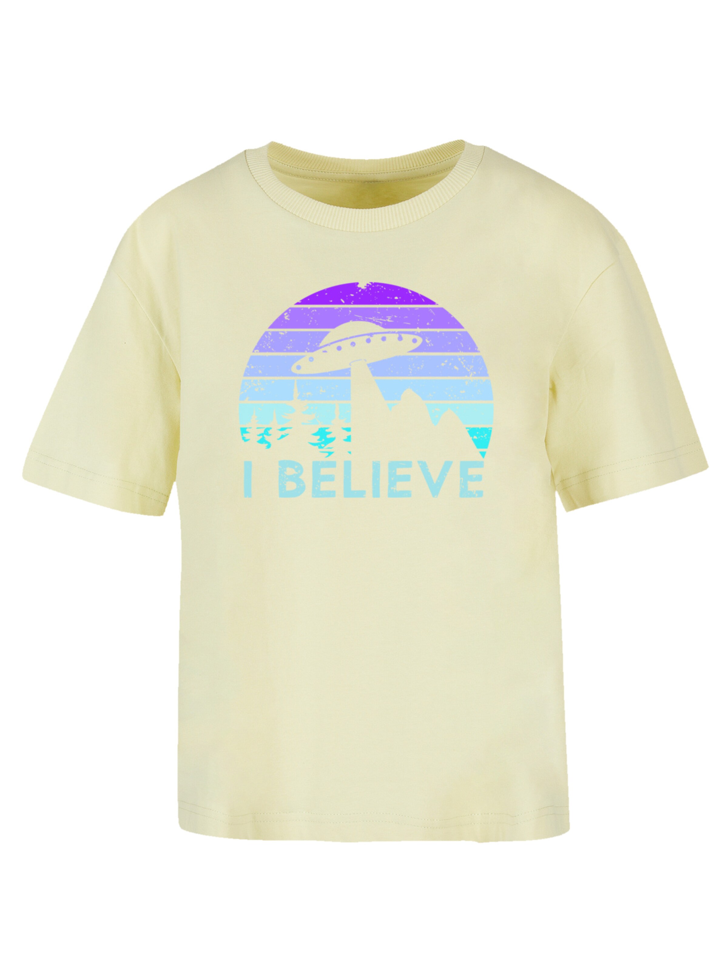 F4NT4STIC Shirt 'I BELIEVE UFO Alien Raumschiff Retro' in Geel: voorkant