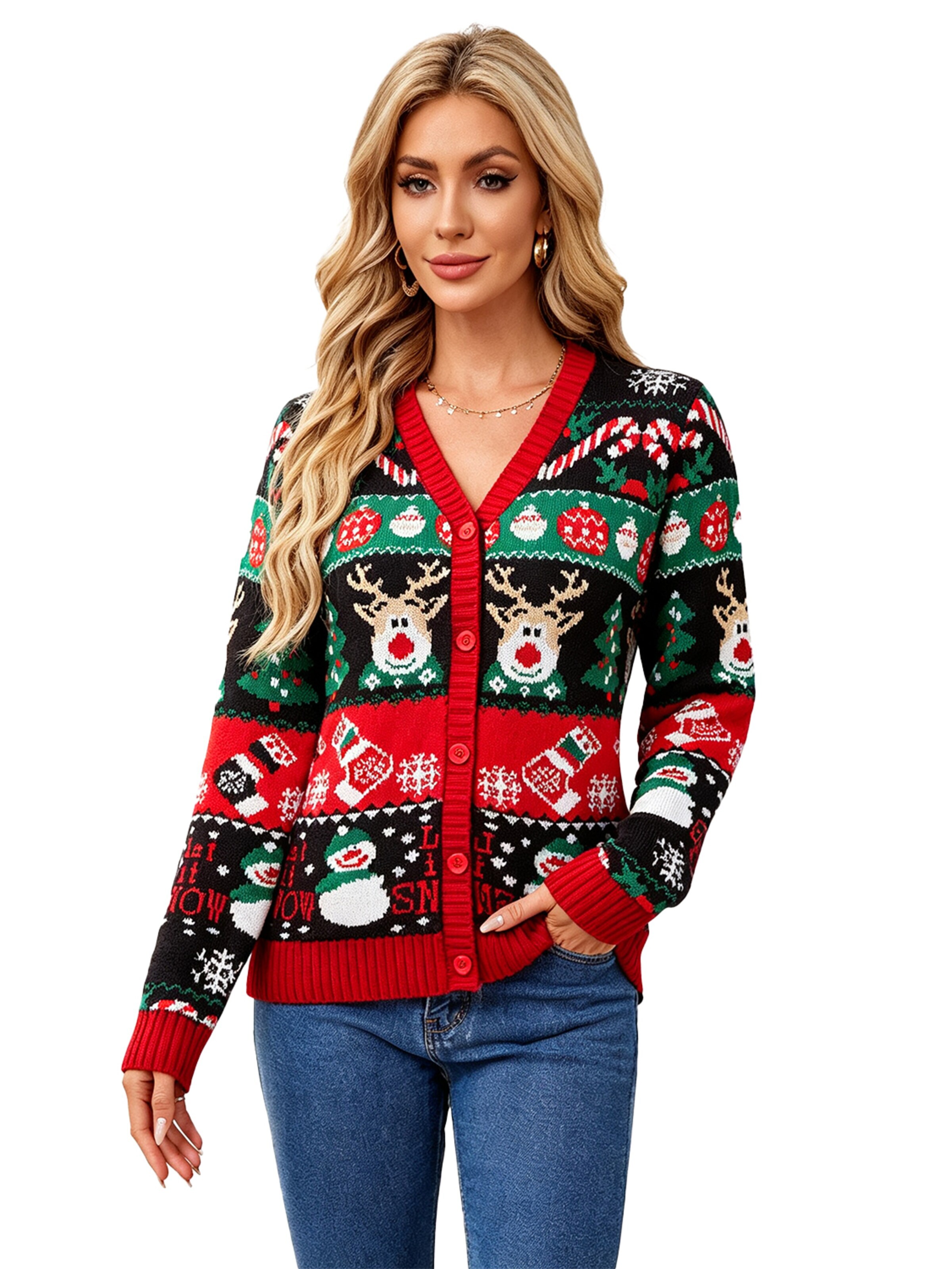 KoJooin Knit cardigan 'Damen Ugly Christmas Sweater mit Rentier Lustiger festlicher Strickpullover mit Schneeflocken' in Black