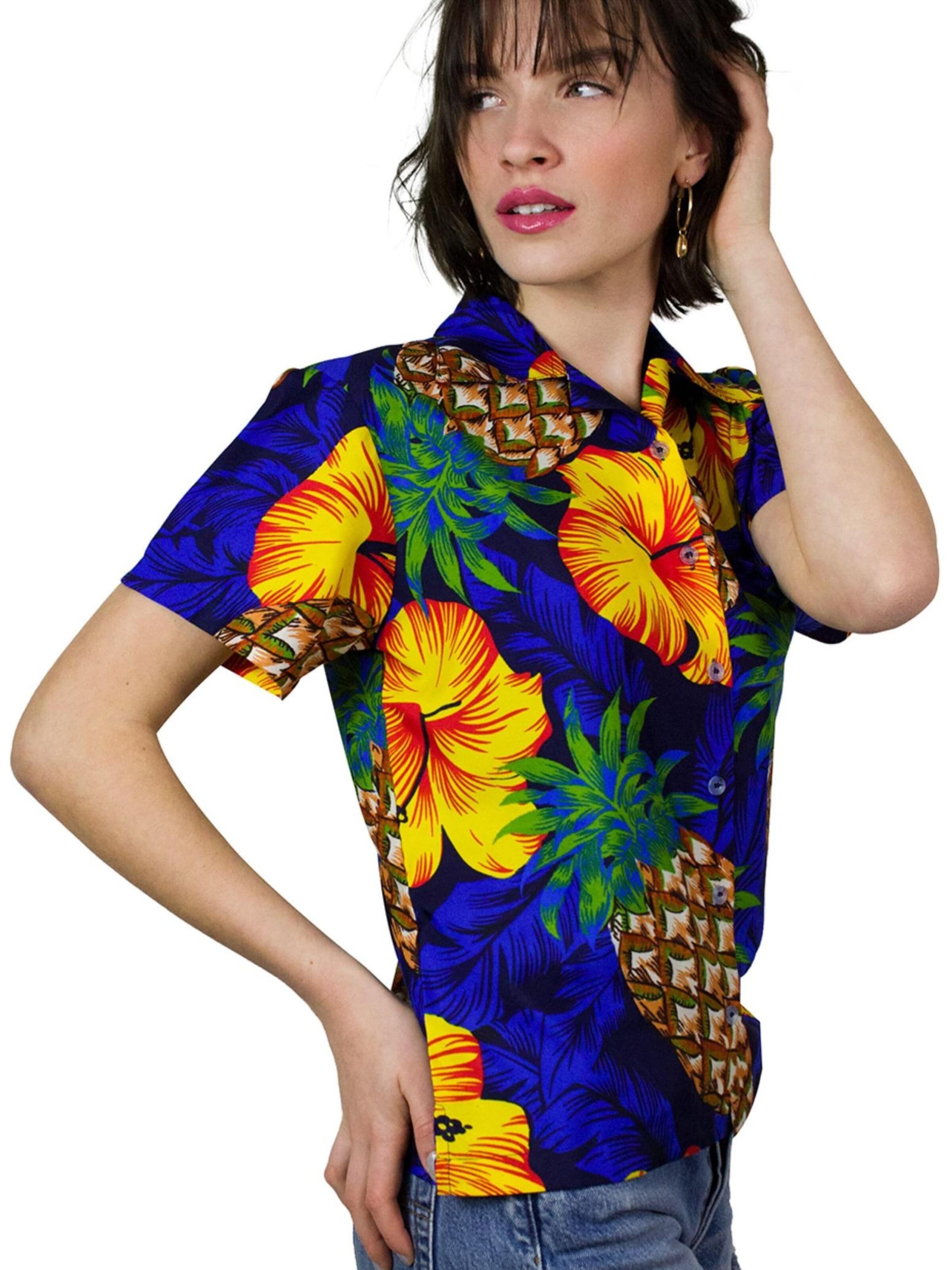 King Kameha Bluse 'Pineapple Hibiscus'‌‌‌‌‌‌‌‌ in Blau