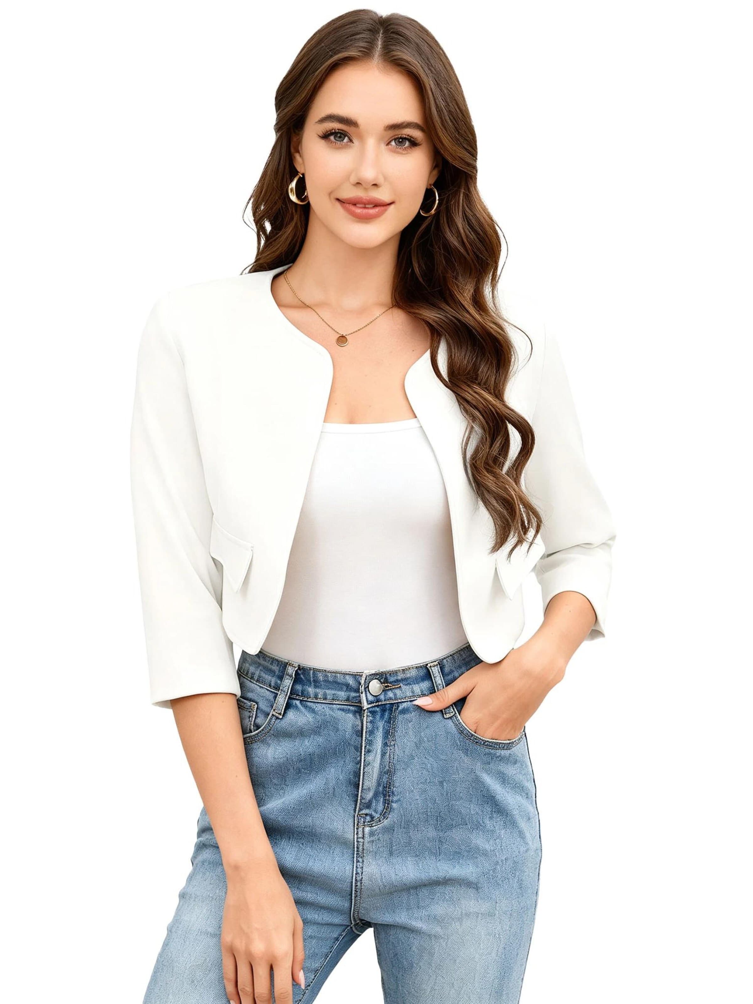KoJooin Blazer 'Damen Kurzblazer mit Rundhalsausschnitt, 3/4-Arm | leichte Strickjacke im gepflegten Basic-Stil'‌‌‌‌‌‌‌‌‌ in Weiß
