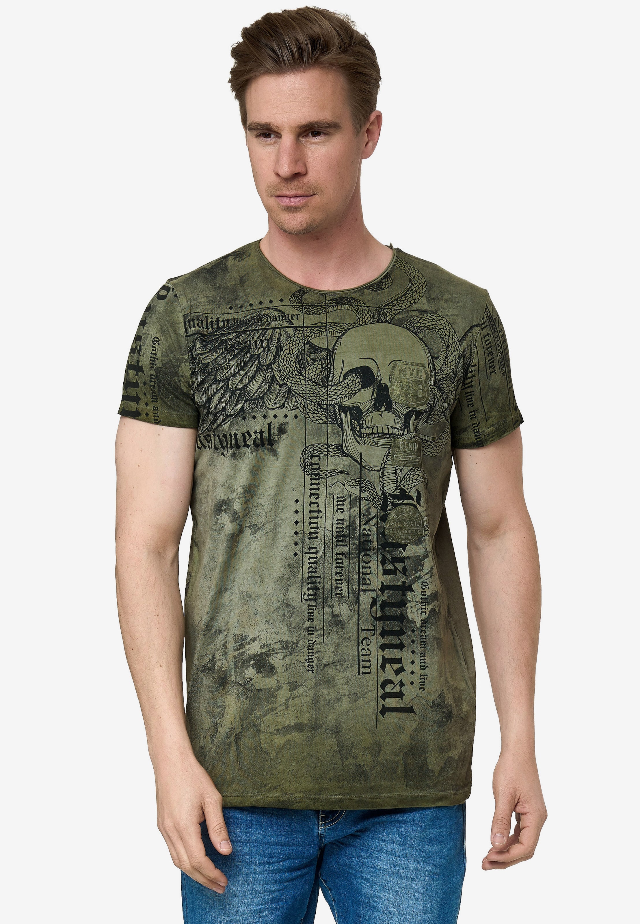 Rusty Neal T-Shirt mit All Over Print in Khaki | ABOUT YOU