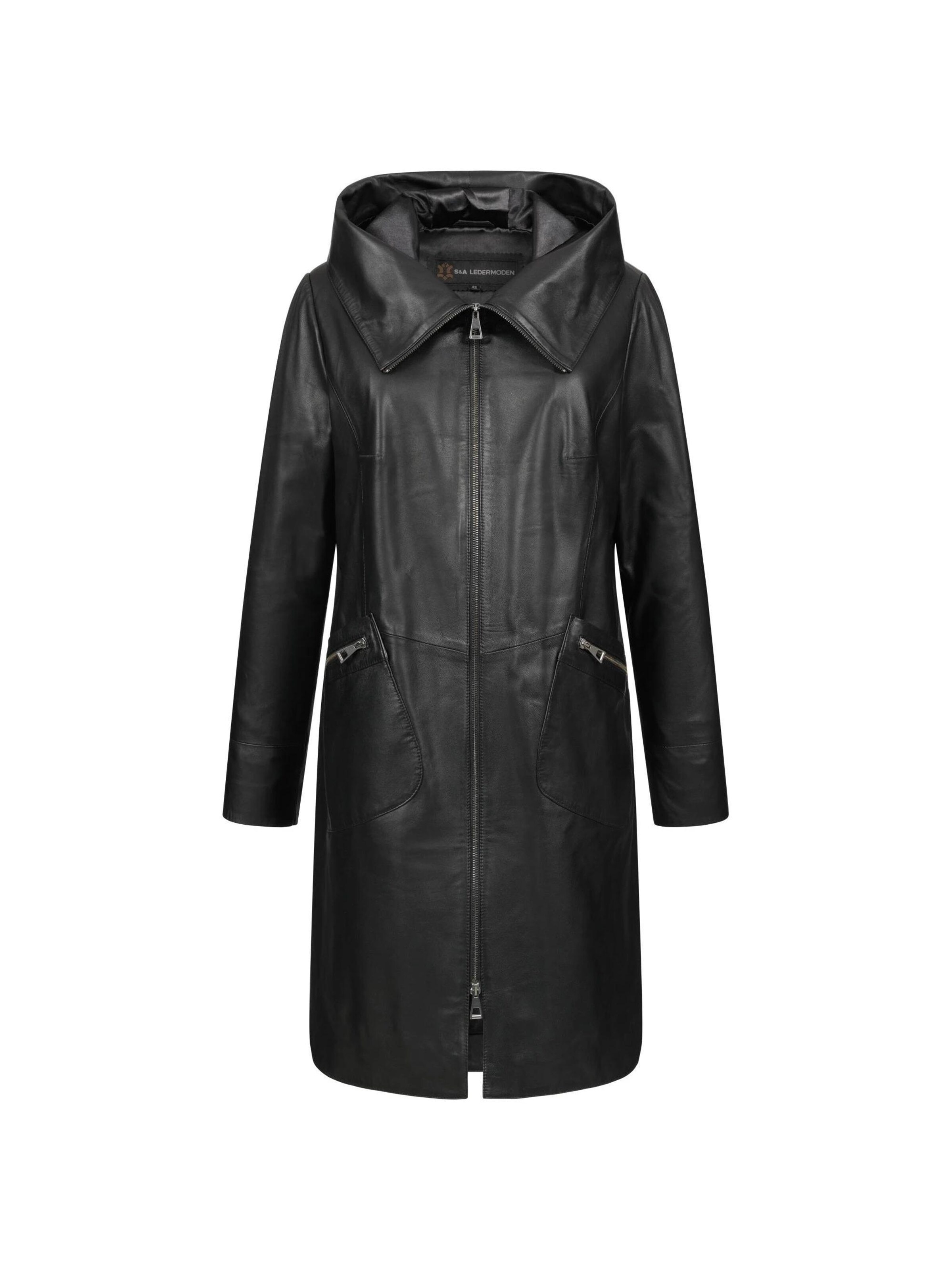 Mouflon Between-Seasons Coat 'Alina Ledermantel' in Black: front
