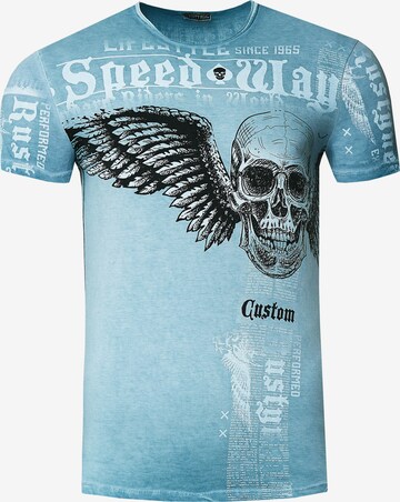 Rusty Neal T-Shirt mit 'Flying Skull' Front Print in Blau: predná strana