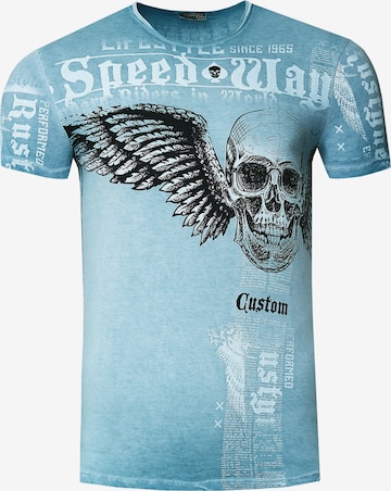 Rusty Neal T-Shirt mit 'Flying Skull' Front Print in Blau: predná strana