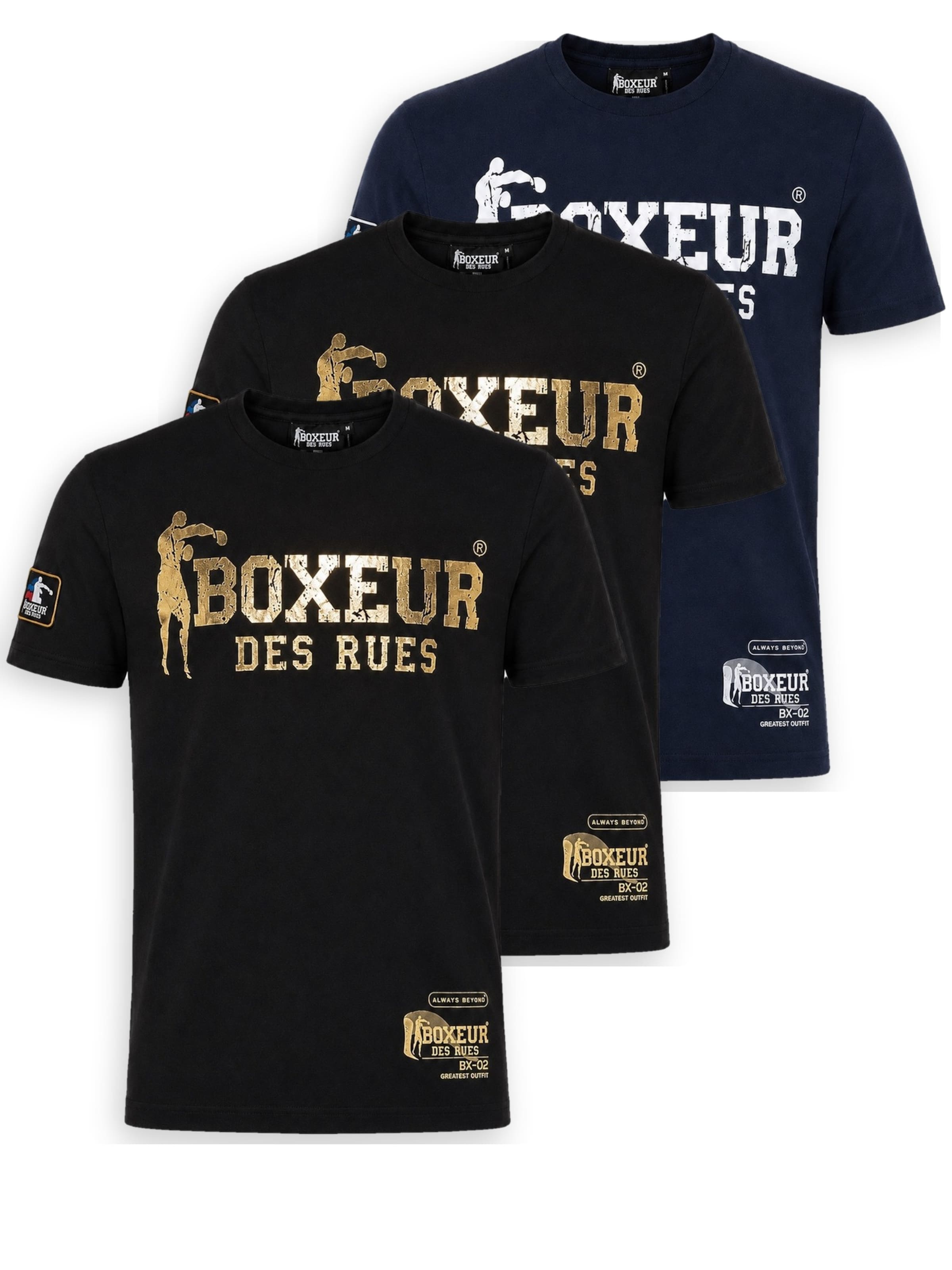 Boxeur des Rues Shirt 'Herren T-Shirt 3er-Pack Boxeur des Rues Slim Fit: Marineblau, Weißes Logo + 2 x Schwarz, Goldenes Logo' in Mixed colors: front