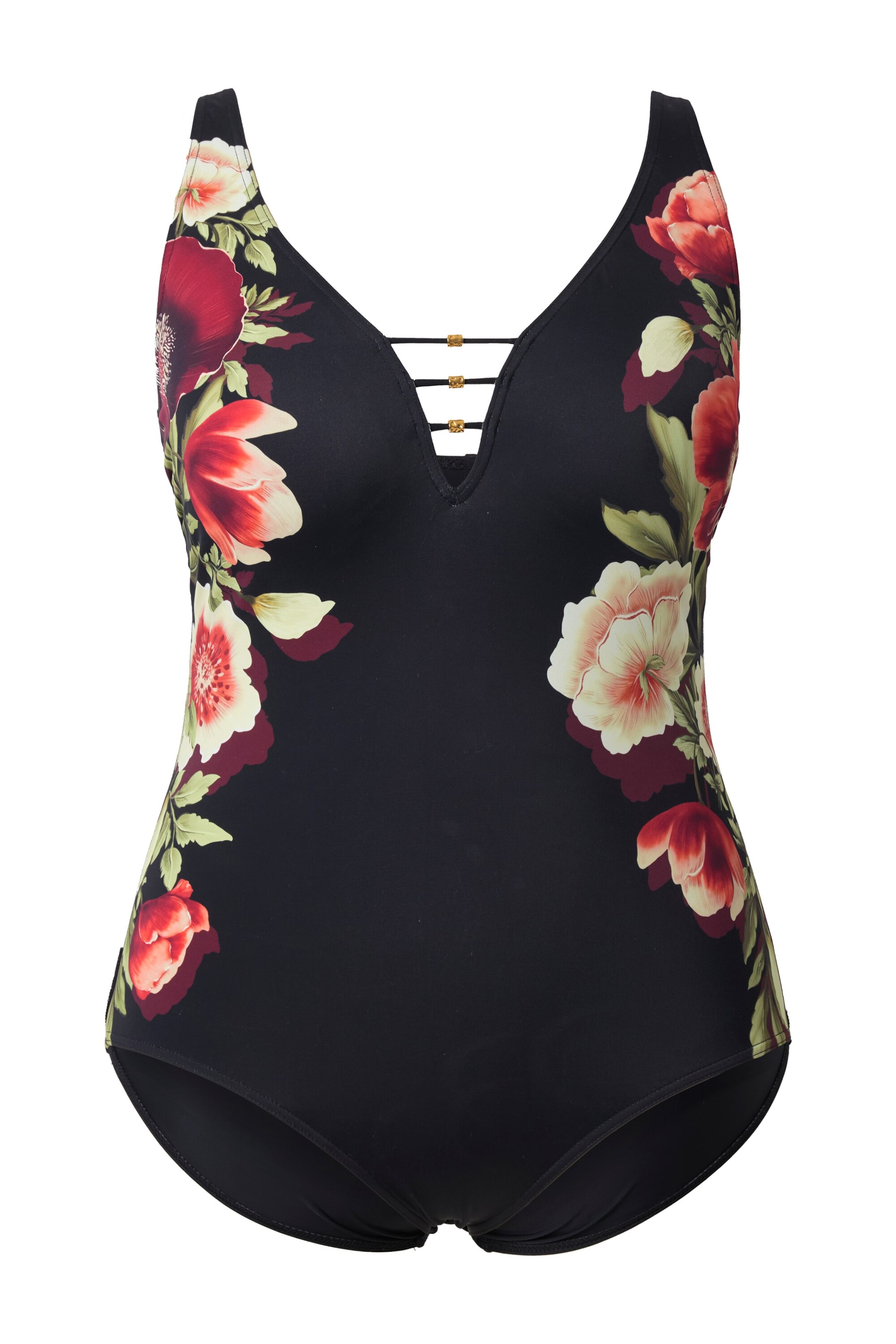 Ulla Popken Badeanzug in beige / grün / rot / schwarz, Produktansicht