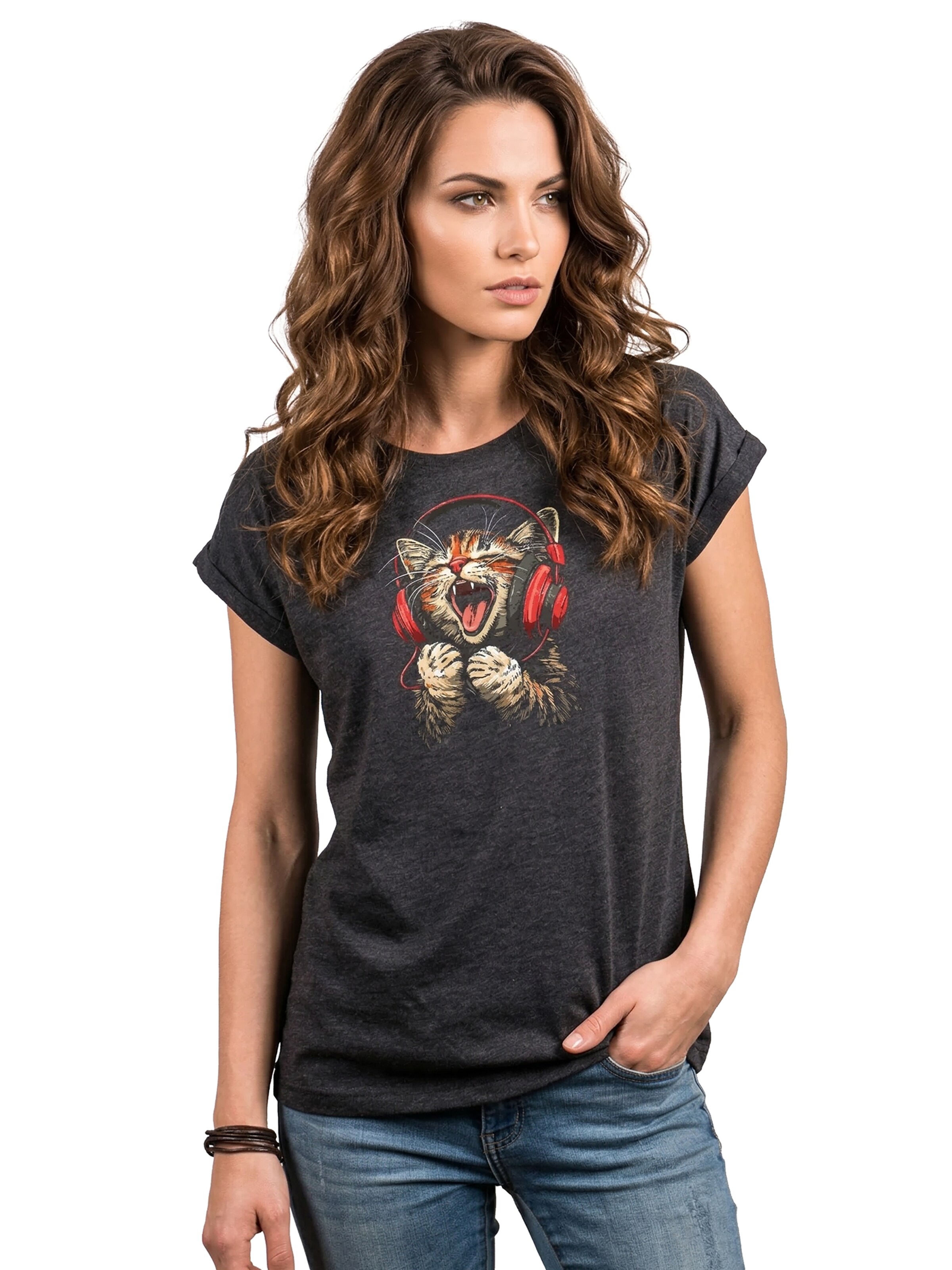 MAKAYA Shirt 'Sound Kitten' in Grey: front