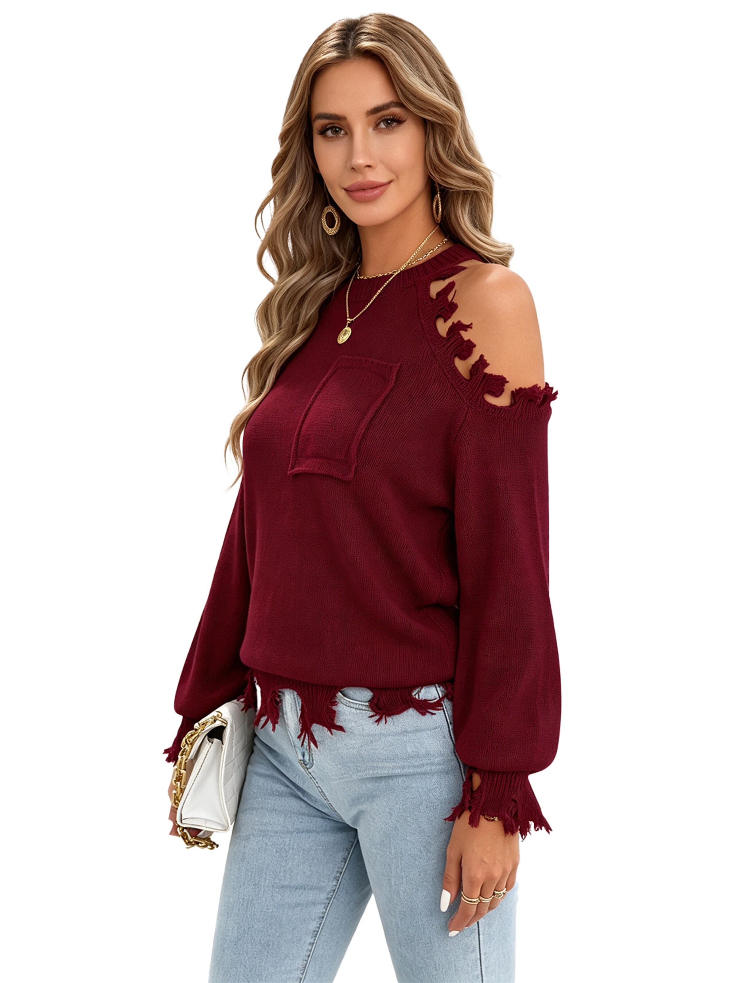KoJooin Sweter 'Damen Oversize Off-Shoulder Strickpullover Langarm Rundhals Look und Kuschelweichem Material' w kolorze czerwony