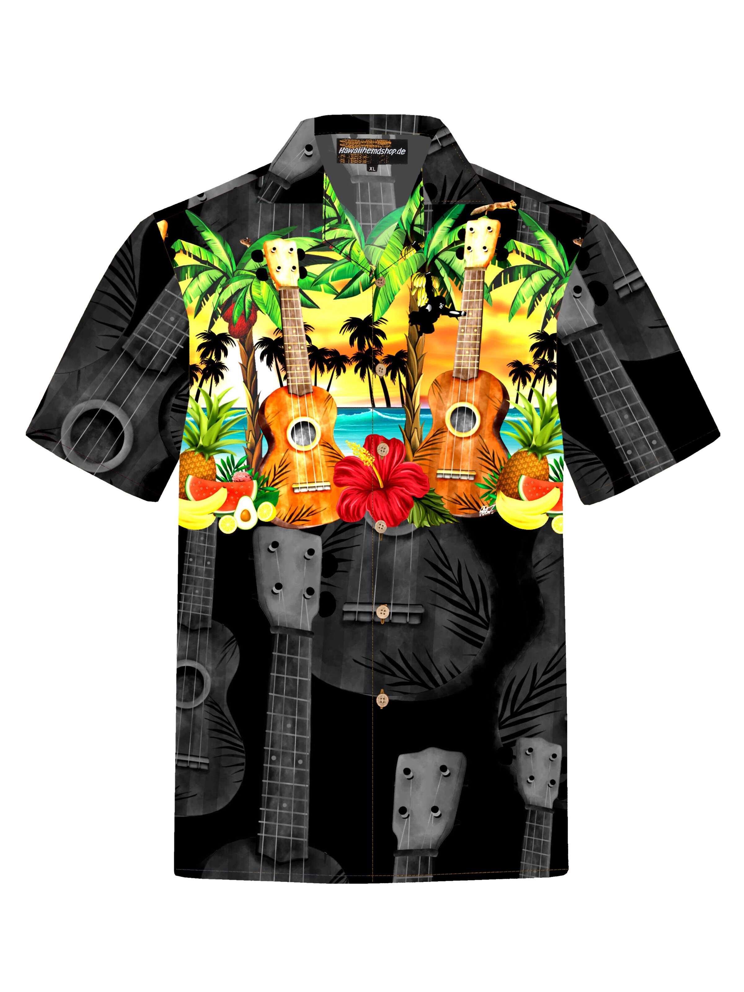 Hawaiihemdshop.de - Regular Fit Camisa 'Hawaiihemd Hawaiian Ukulele' em preto: frente