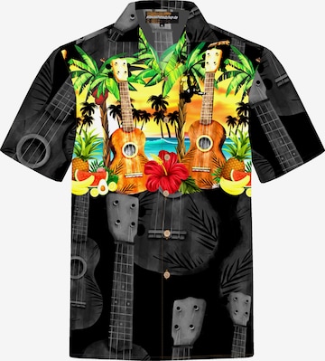 Hawaiihemdshop.deRegular Fit Košulja 'Hawaiihemd Hawaiian Ukulele' - crna boja: prednji dio