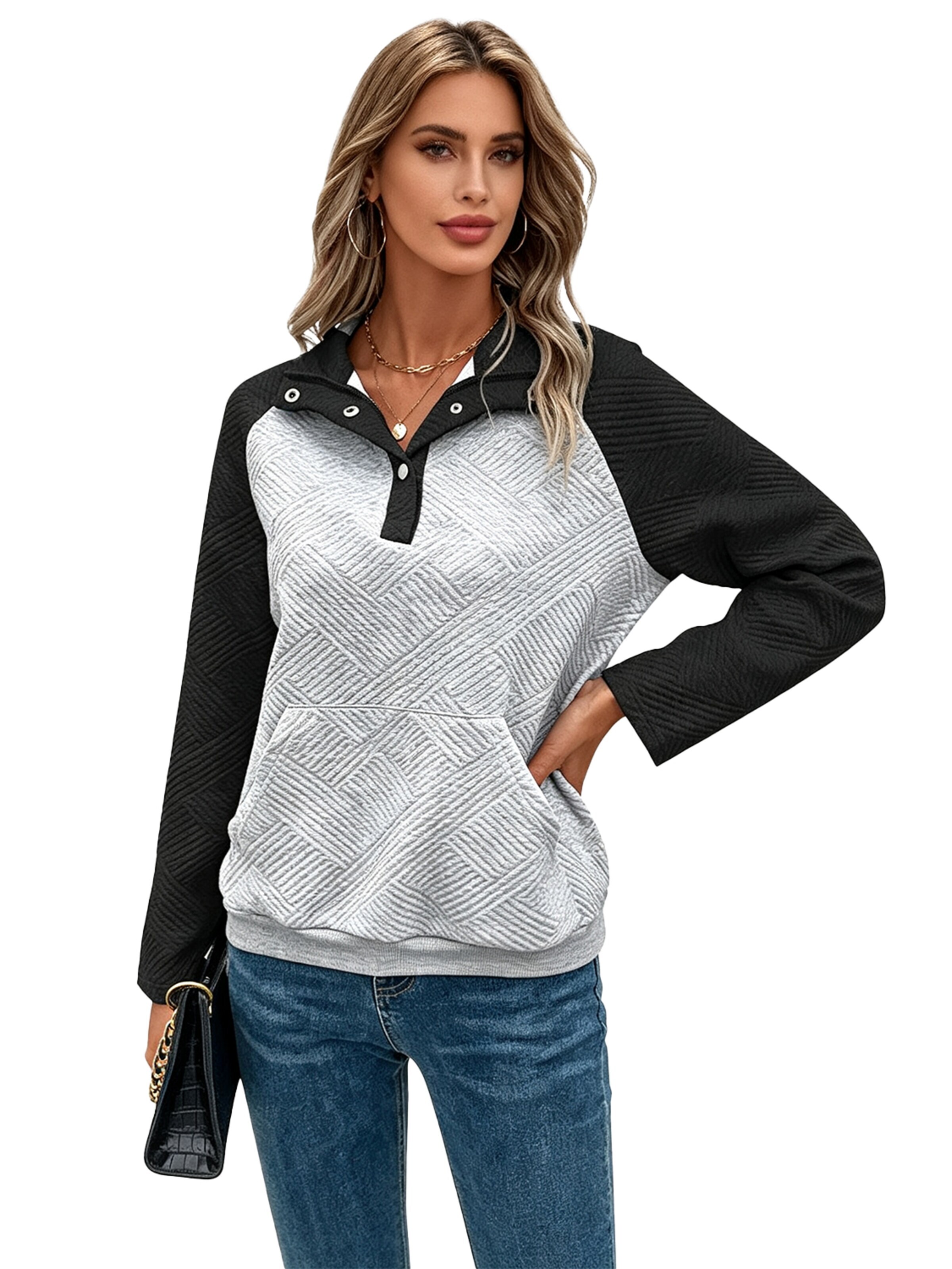 KoJooin Bluzka 'Damen Langarm Pullover mit Polo-Kragen im Colorblock-Design – Lässiger und schlichter Freizeitstyle' w kolorze czarny