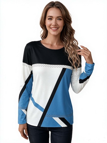 KoJooin Top 'Damen Langarmshirt mit Rundhals, Kontrasteinsätzen und geometrischem Print' w kolorze niebieski: przód