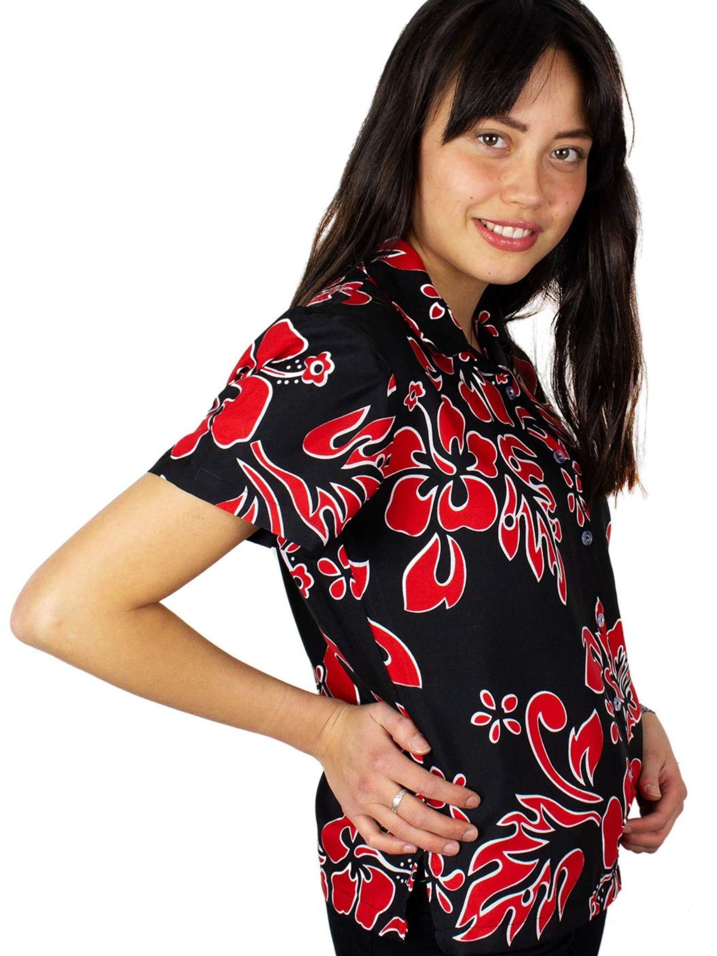 Camicia da donna 'Hibiscus Black Line' di King Kameha in rosso
