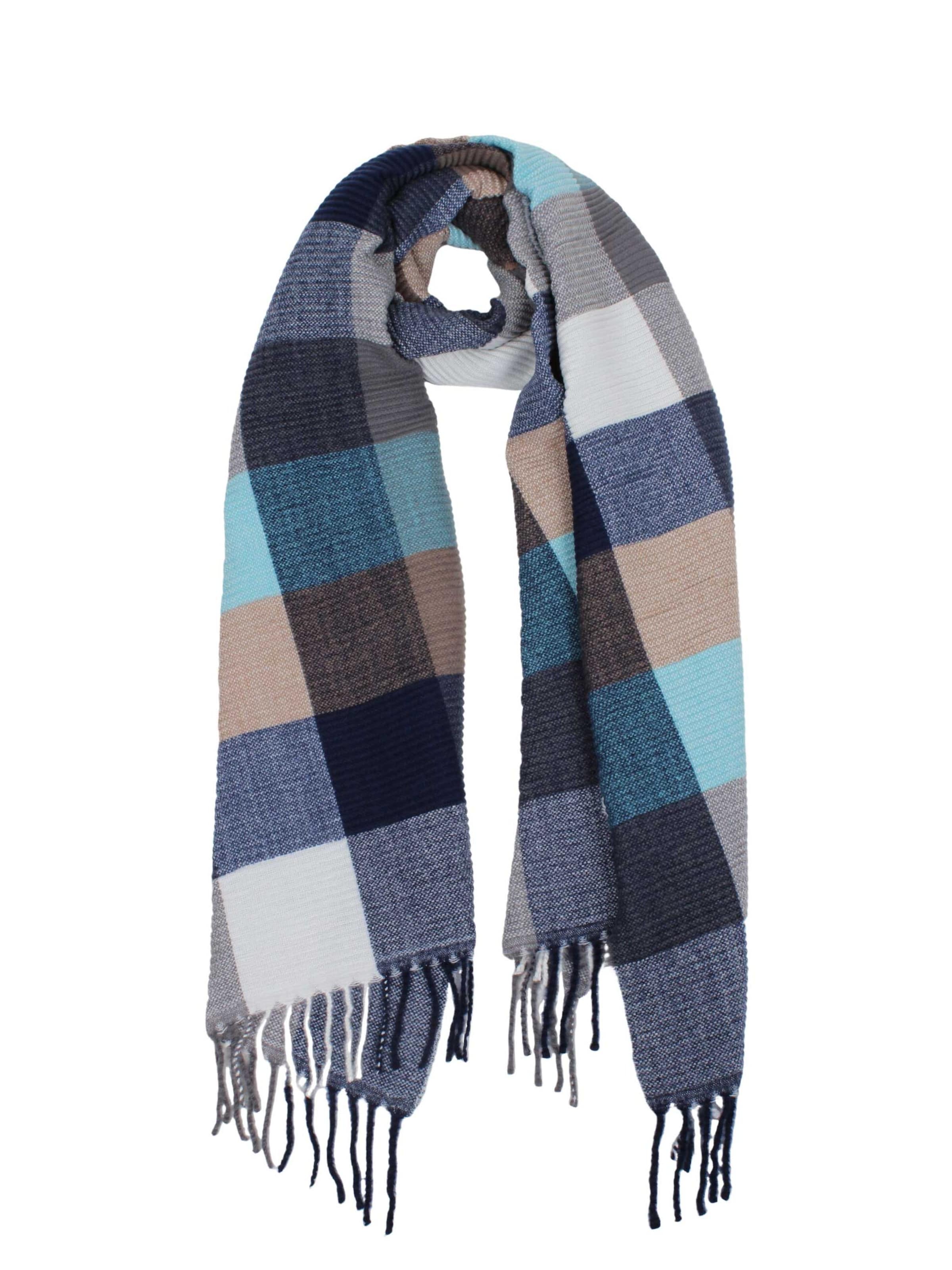 SAMAYA Leichter, warmer Plissee-Schal mit Blockkaro-Muster in Blau: Vorderseite