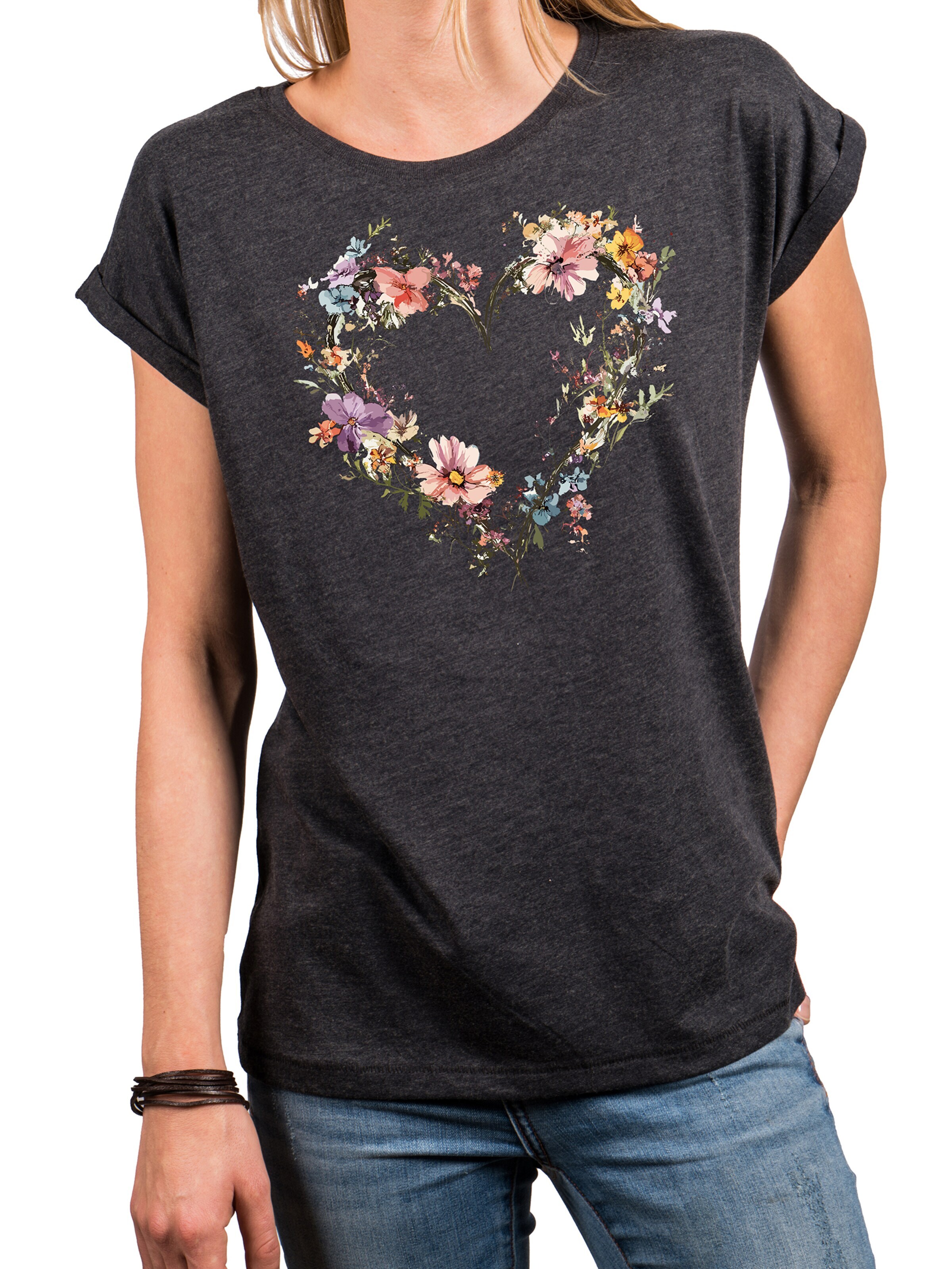 MAKAYA Shirt 'Blumenherz' in Grey