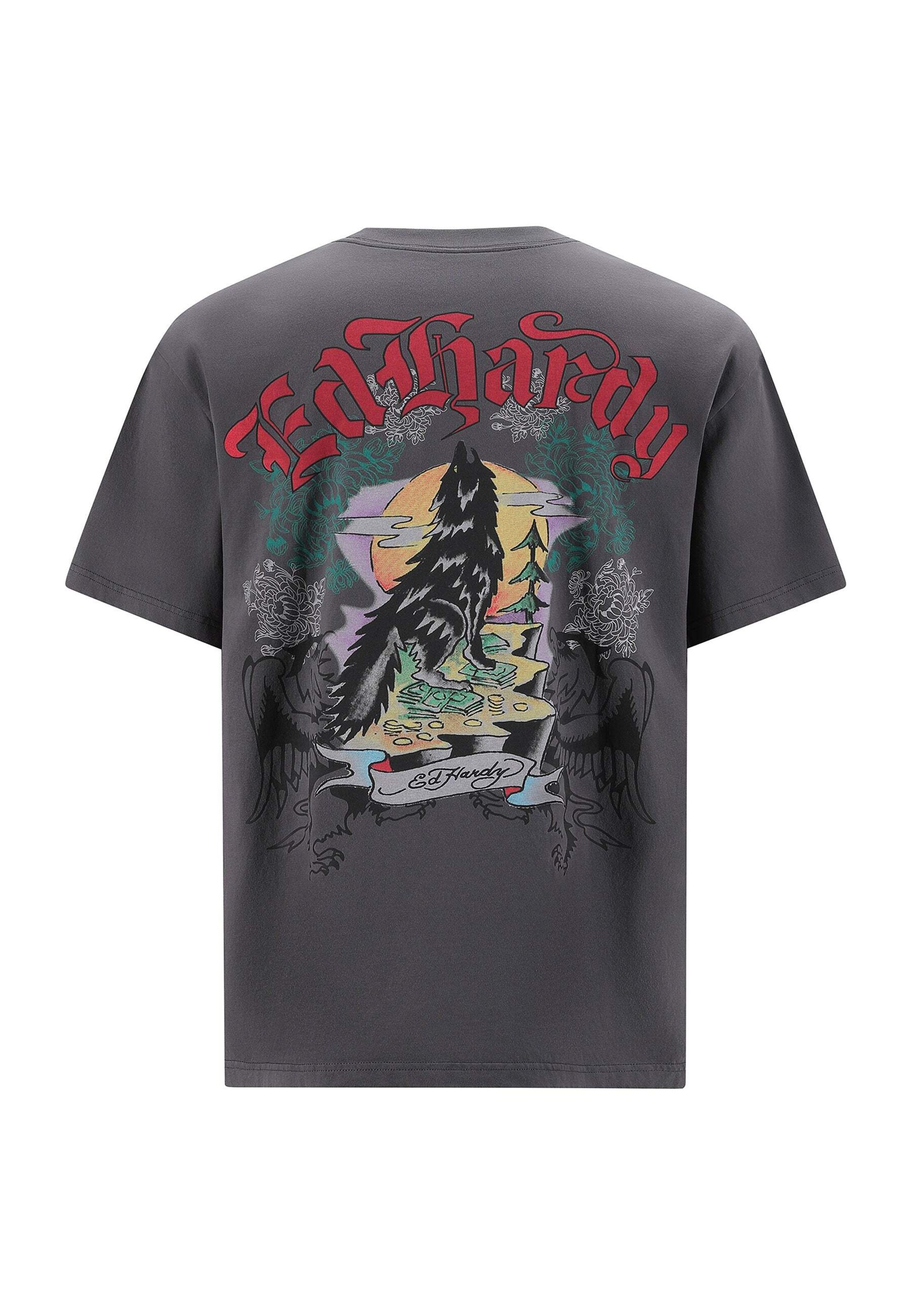Ed Hardy Μπλουζάκι 'Don Wolf Adler Panther' σε γκρι
