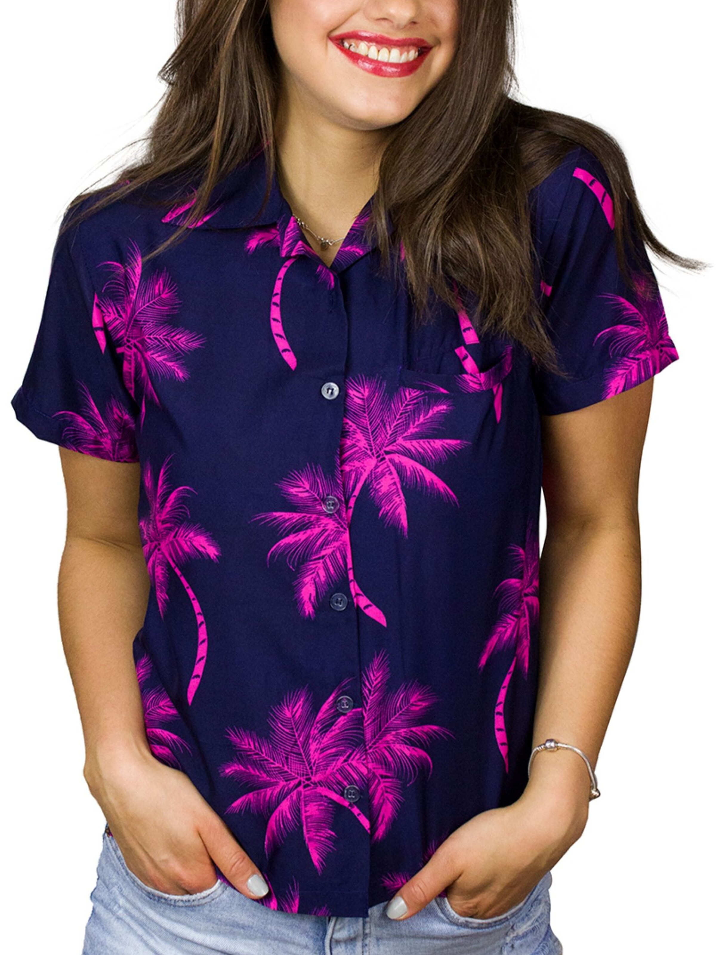 King Kameha Blouse 'Palmshadow' in Blue: front