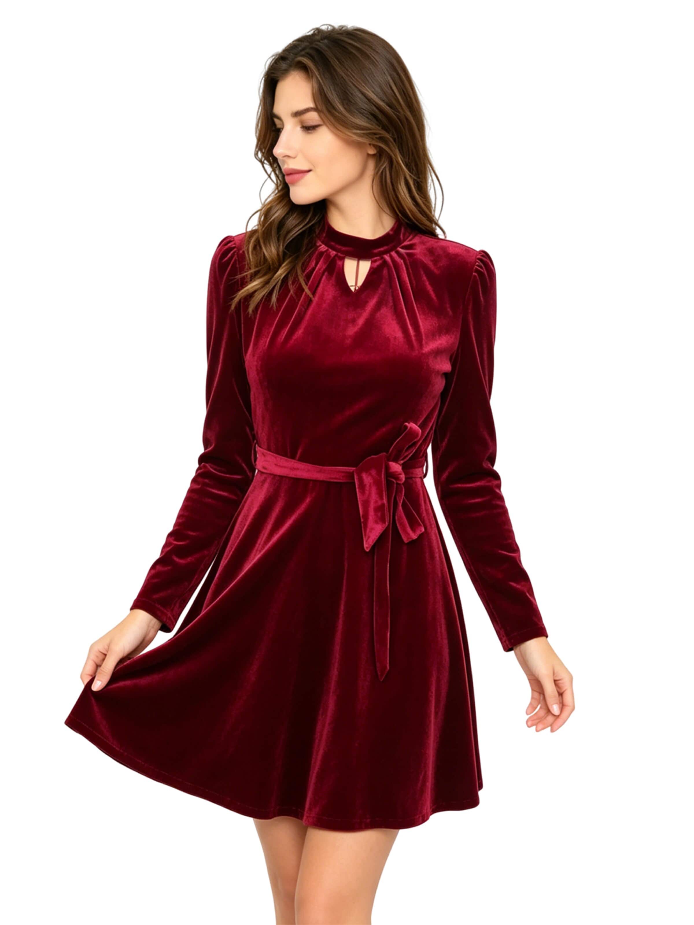 KoJooin Kleid 'Knielanges Samtkleid Langen Ärmeln Gürtel Damen Abschlusskleid für Party'‌‌‌‌‌ in Rot
