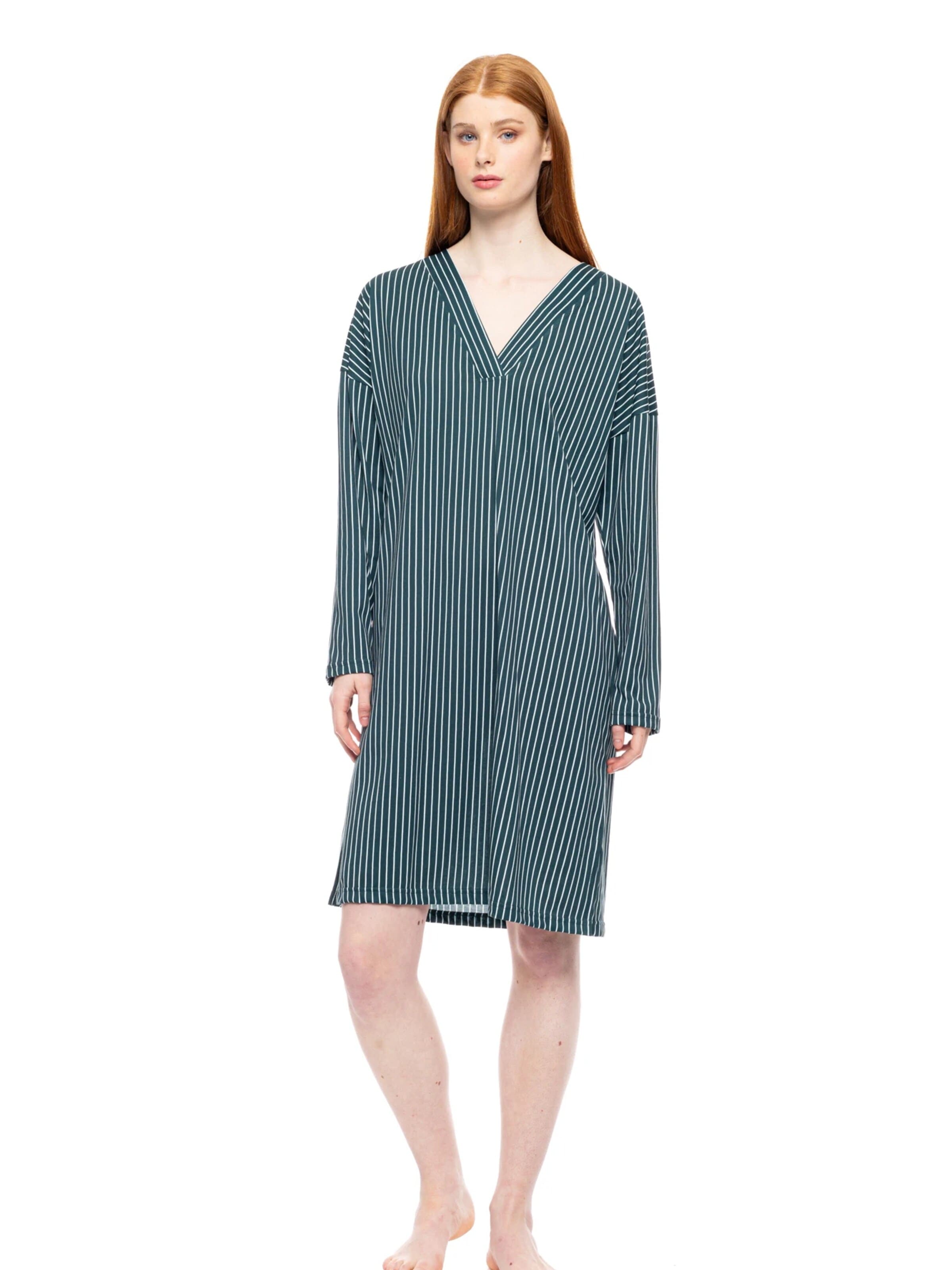 Pink LabelSpavaćica košulja 'NIGHTGOWN GREEN FOREST STRIPES' - zelena boja: prednji dio