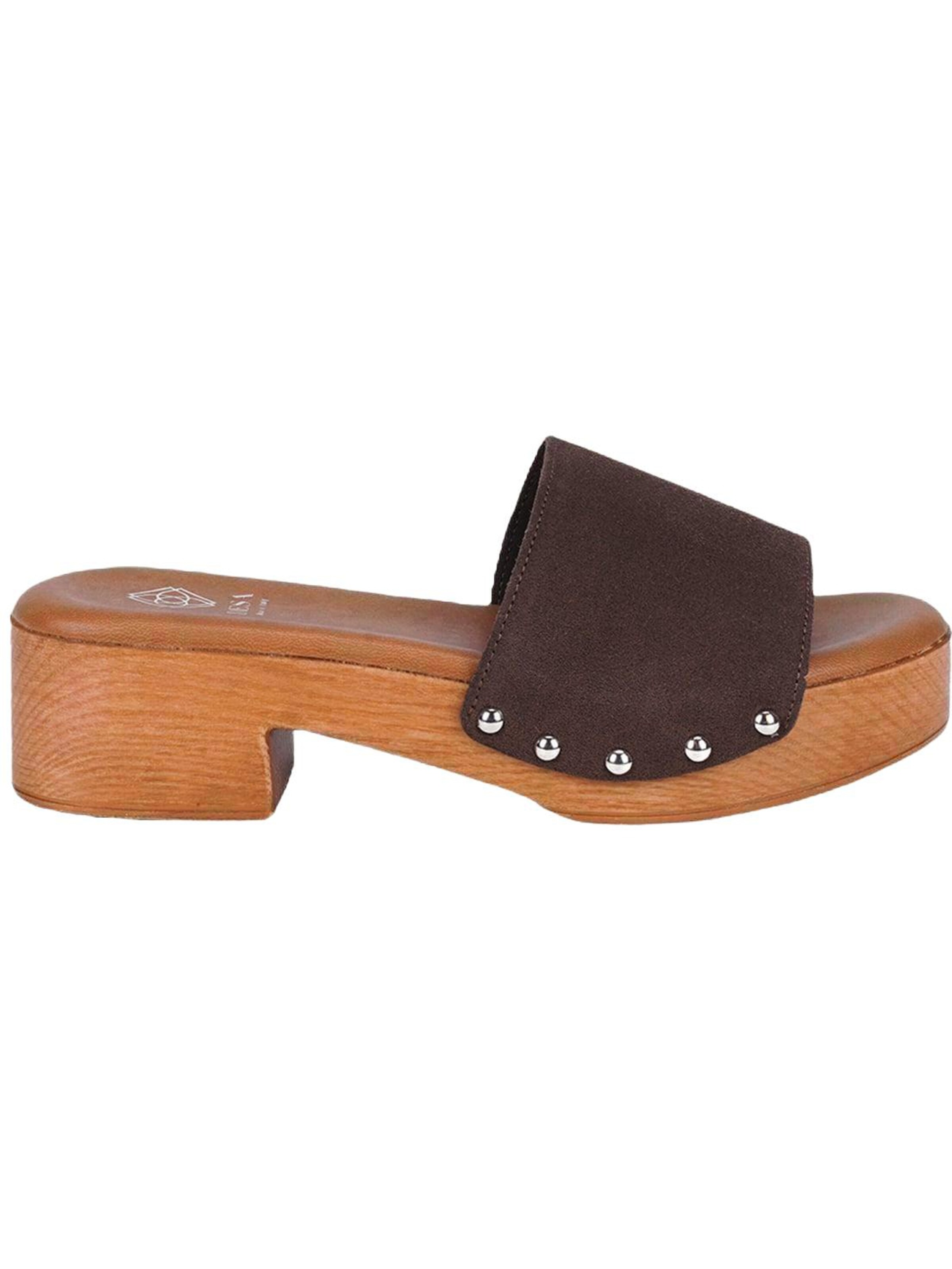 Desa - Zapatillas de casa 'DESA Damen-Sandalen aus Wildleder mit Blockabsatz und Nietenbesatz' en marrón