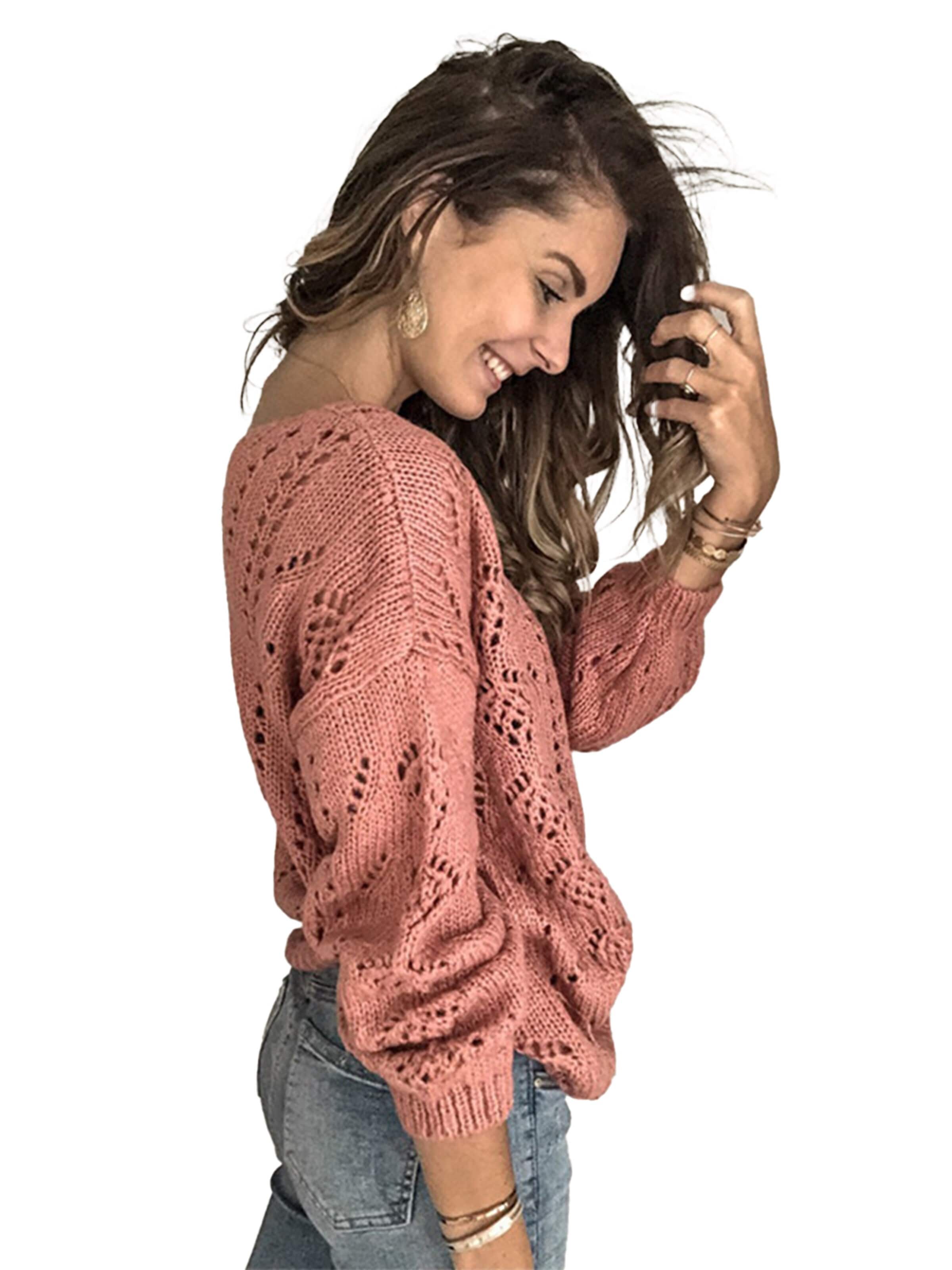KoJooin Kardigan 'Damen Strickcardigan mit V-Ausschnitt Langarm,Strukturierter Lochmuster-Strick und Knopfleiste' w kolorze różowy