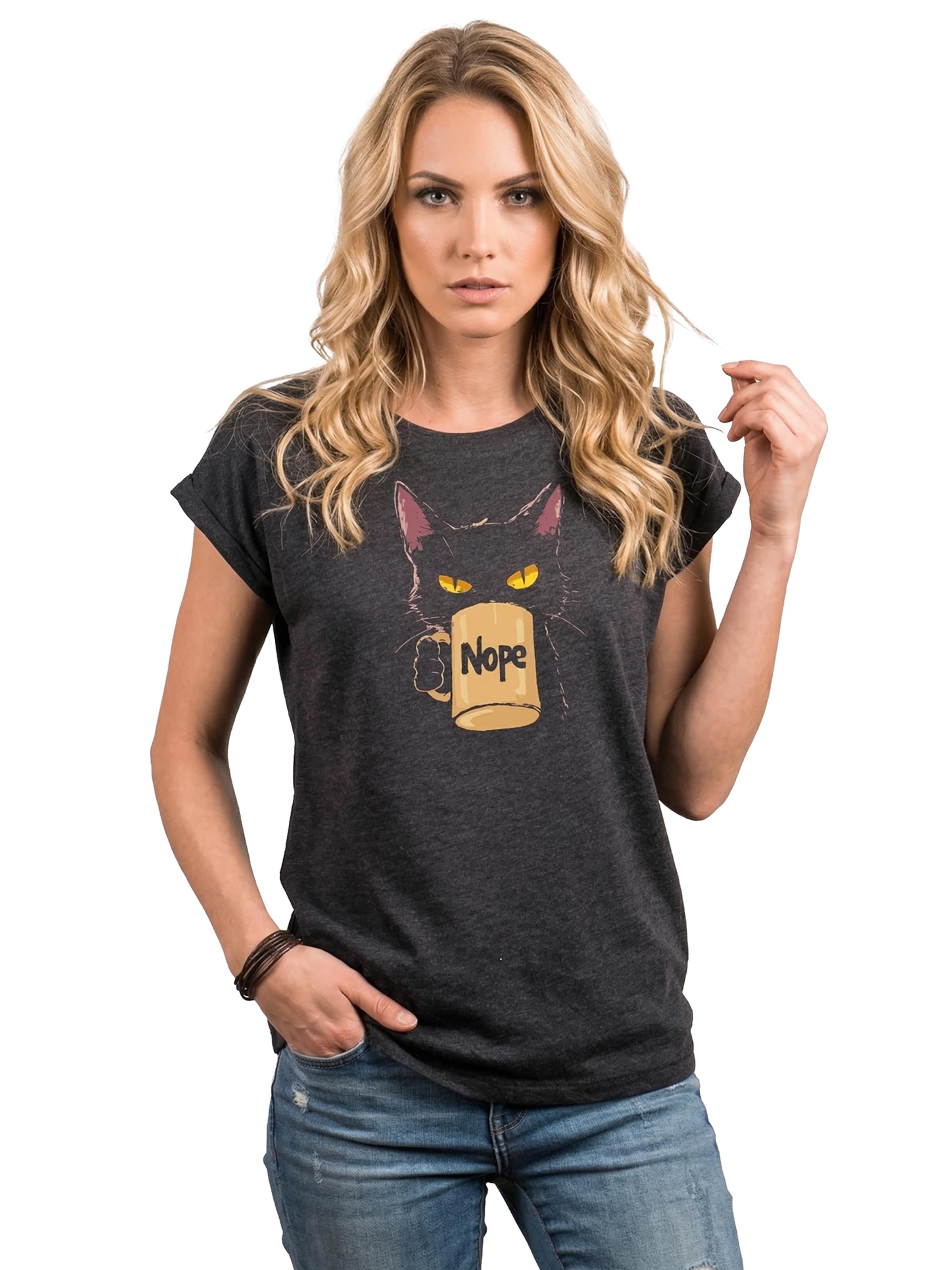 MAKAYA Shirt 'Cat Coffee Cup' in Grey: front