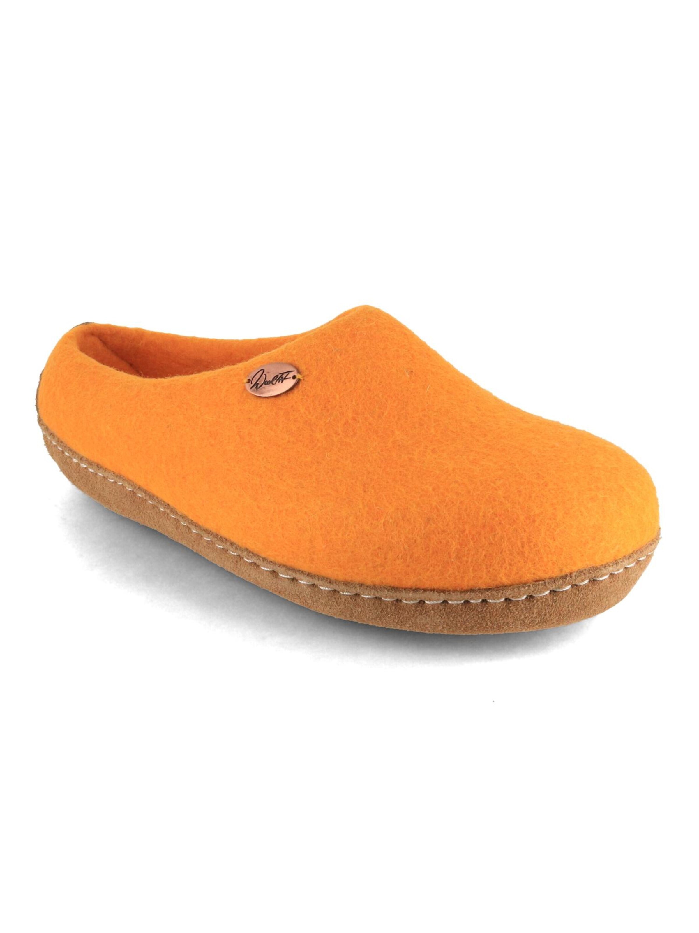 WoolFit Hausschuh 'Footprint mit Ledersohle'‌‌‌‌‌‌‌ in Orange: Vorderseite