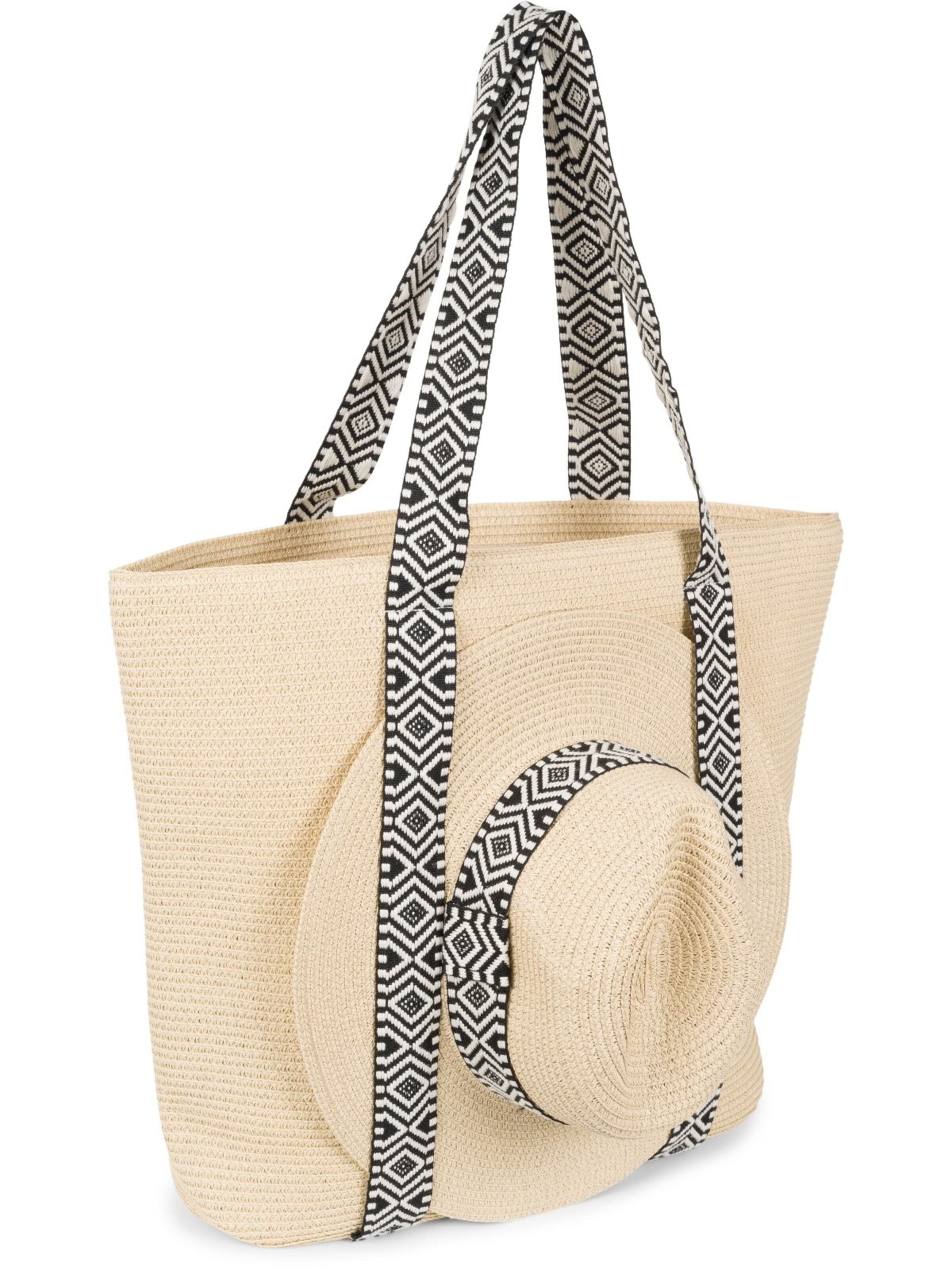 styleBREAKER Strandtasche 'Papierstroh Strandtasche Azteken Muster'‌‌‌‌ in Beige