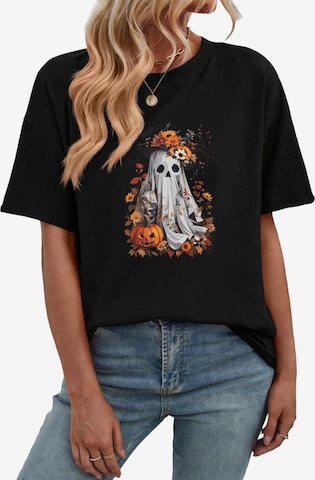 GORHEY Shirt 'Women's Cotton Summer T-Shirt with Halloween Ghosts Print' in Zwart: voorkant