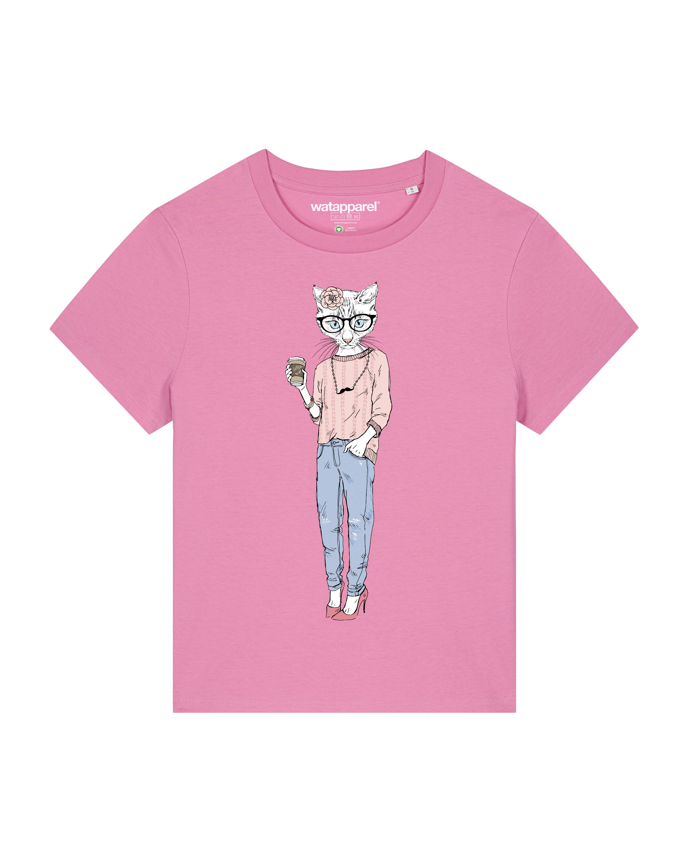 Maglietta ' Hipster Cat with Moustache ' di Watapparel in rosa: frontale