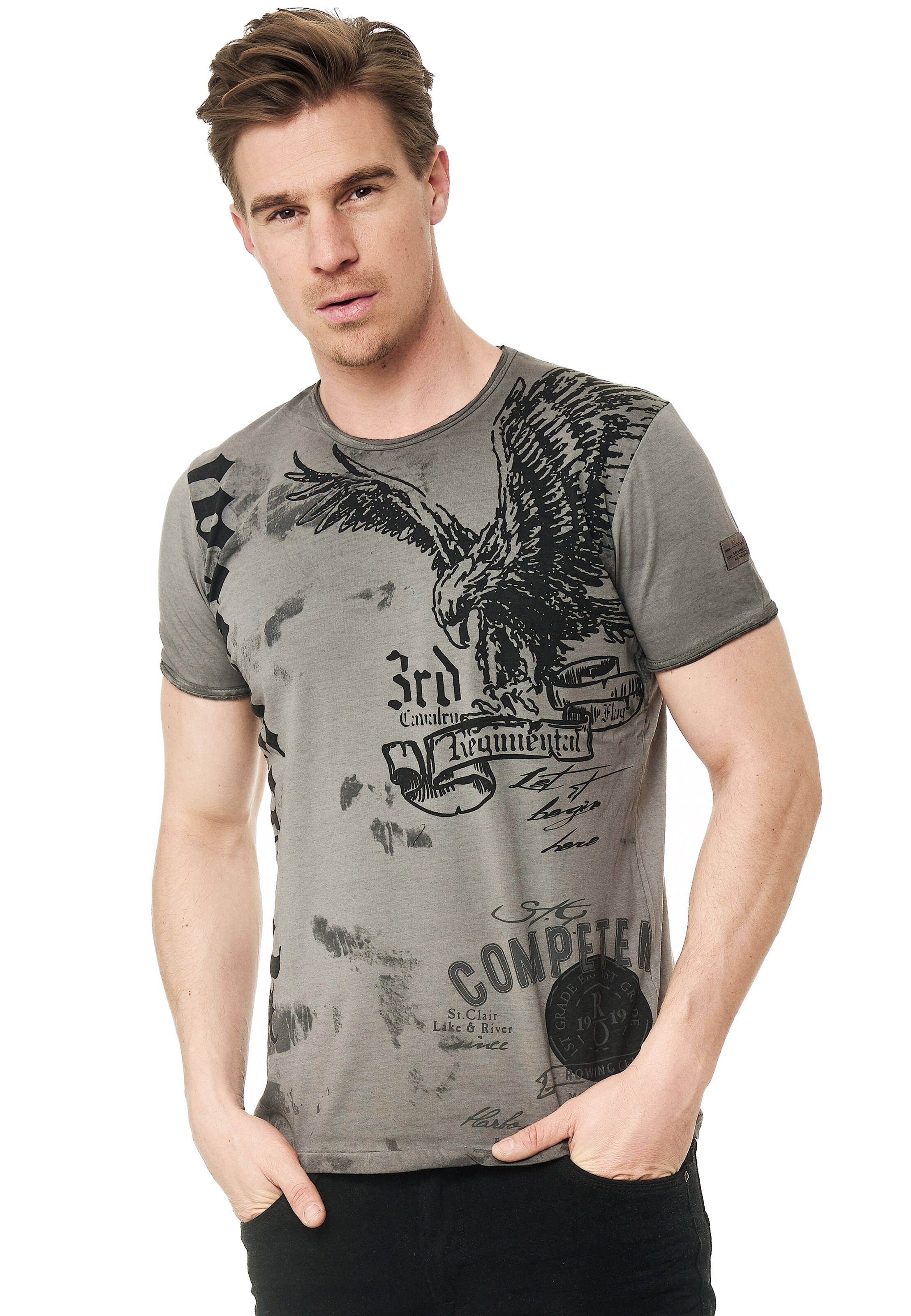 Rusty Neal T-Shirt mit modernem Front & Back Print 'American Eagle' in Grau: Vorderseite