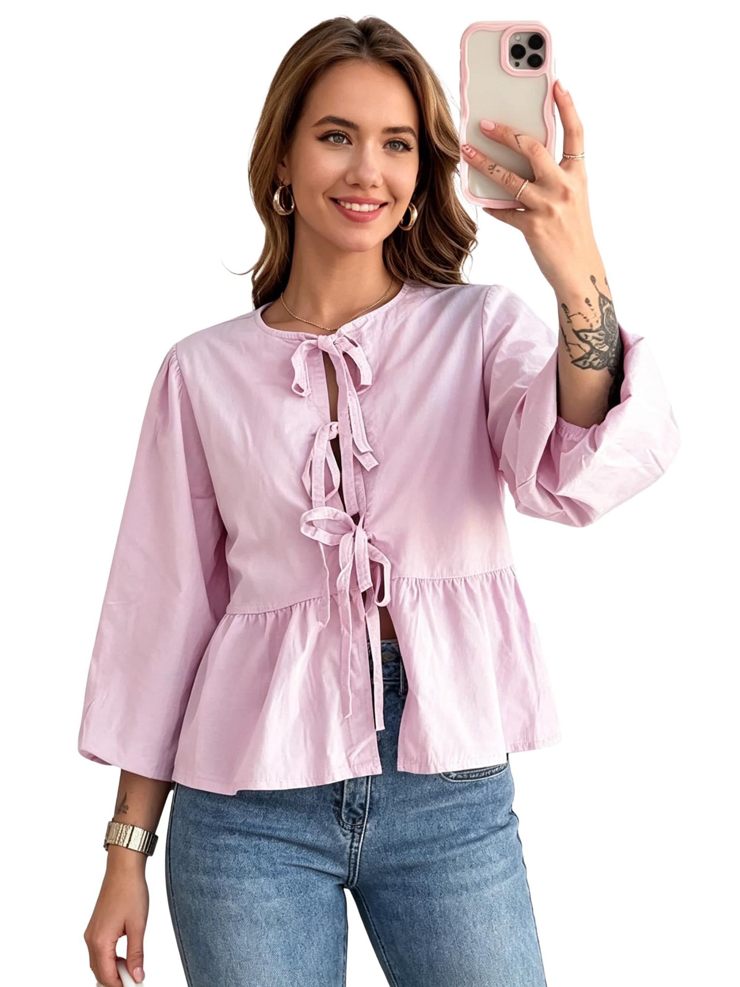 KoJooin Halenka 'Damen Babydoll-Bluse mit Schleifenbindung, Langarm & Rüschen – verspielt, luftig und feminin' – pink: přední strana