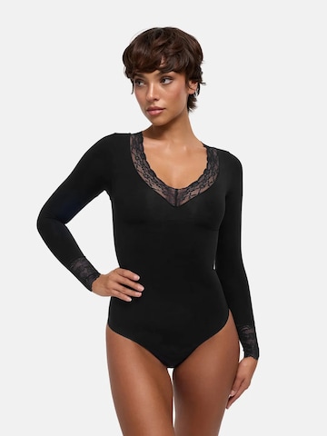 cfab - Body moldeador 'Clean Longsleeve V-Neck with Lace Sculpting Bodysuit with Slip' en negro