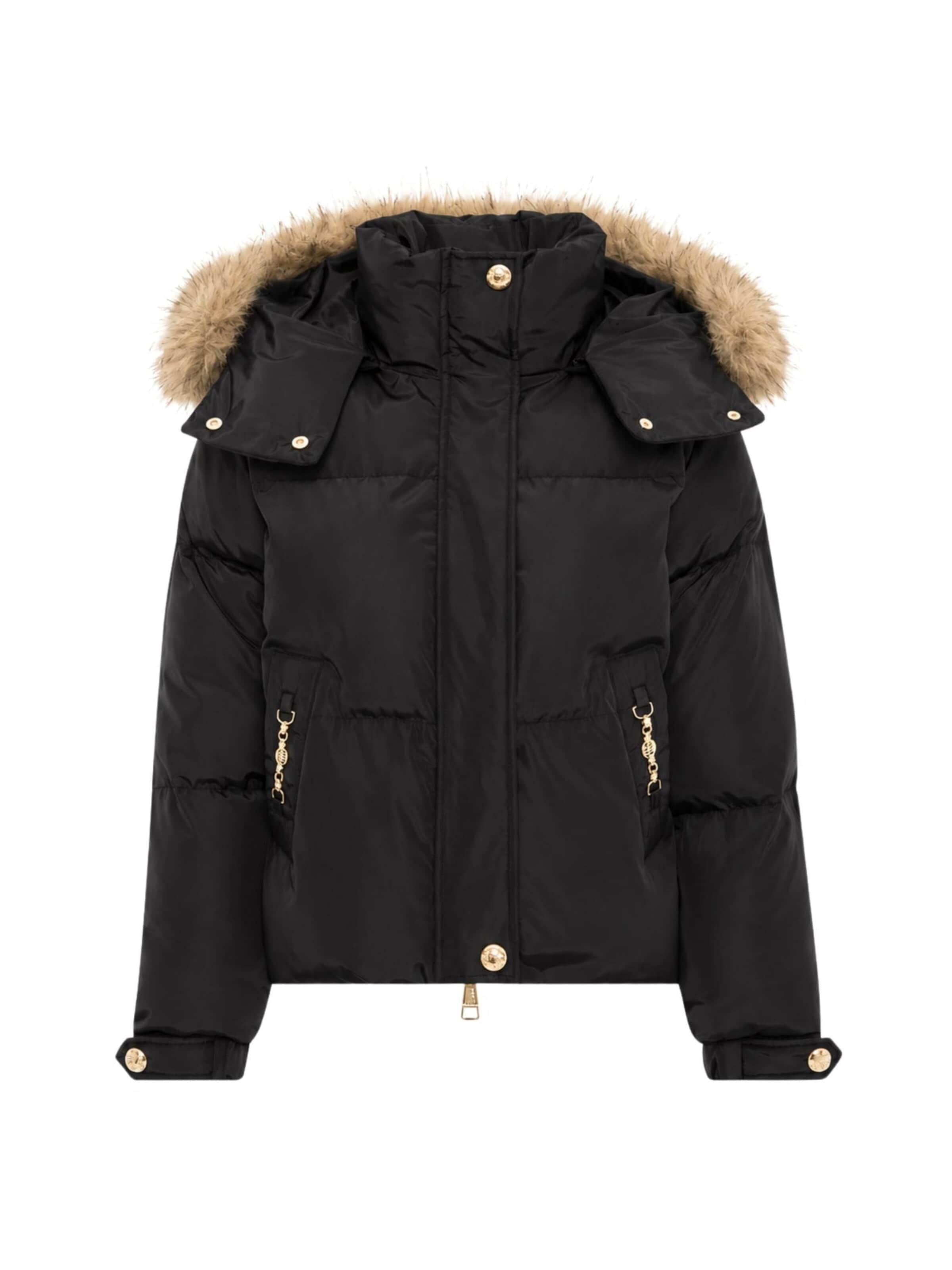 Fracomina Vinterjacka 'Regular Puffer Jacket with Hood and Fur' i svart: framsida