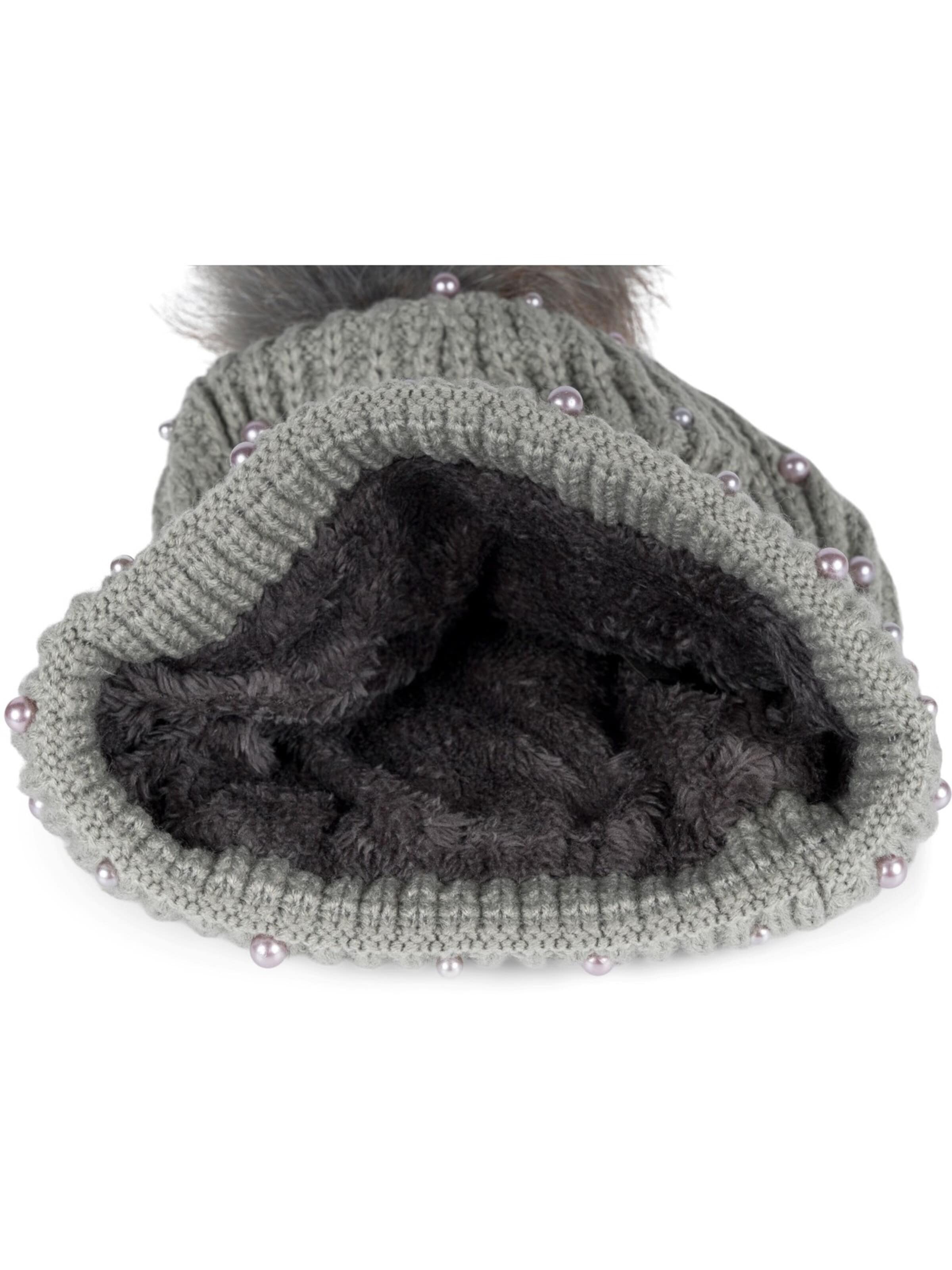 styleBREAKER Mütze 'Strick Bommelmütze mit Perlen und Fleece Futter'‌‌‌ in Grau