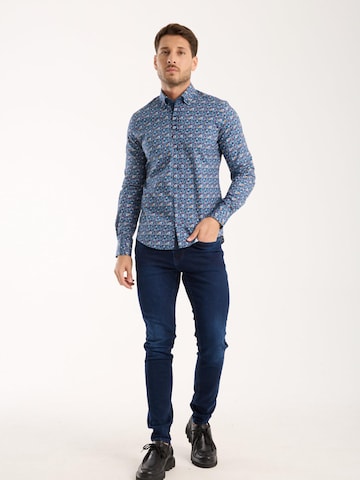 7Camicie Slim fit Zakelijk overhemd 'Donatello Poplin Stretch Man Shirt Blue Yellow' in Blauw