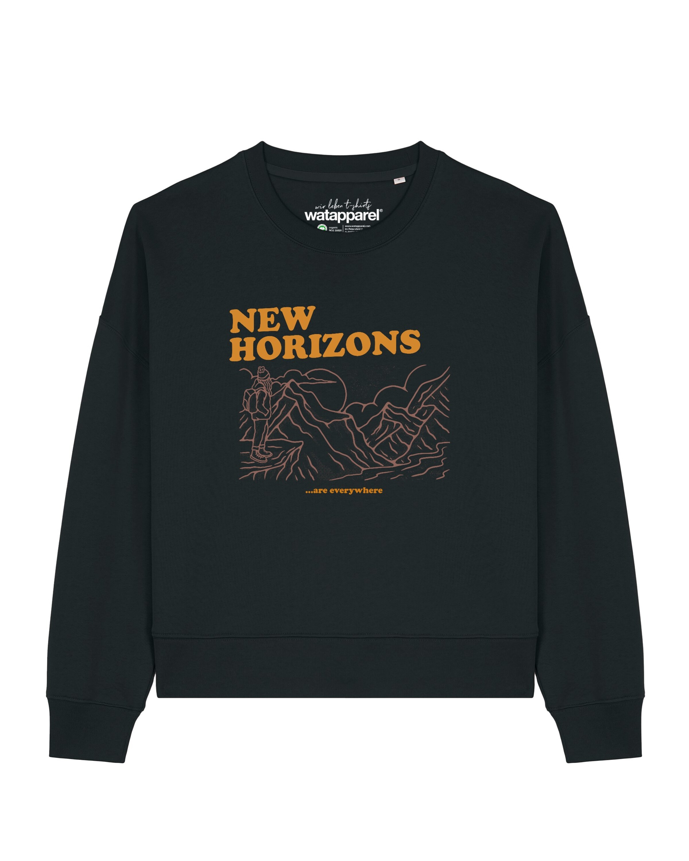Watapparel Sweatshirt ' New horizons are everywhere ' in Schwarz: Vorderseite
