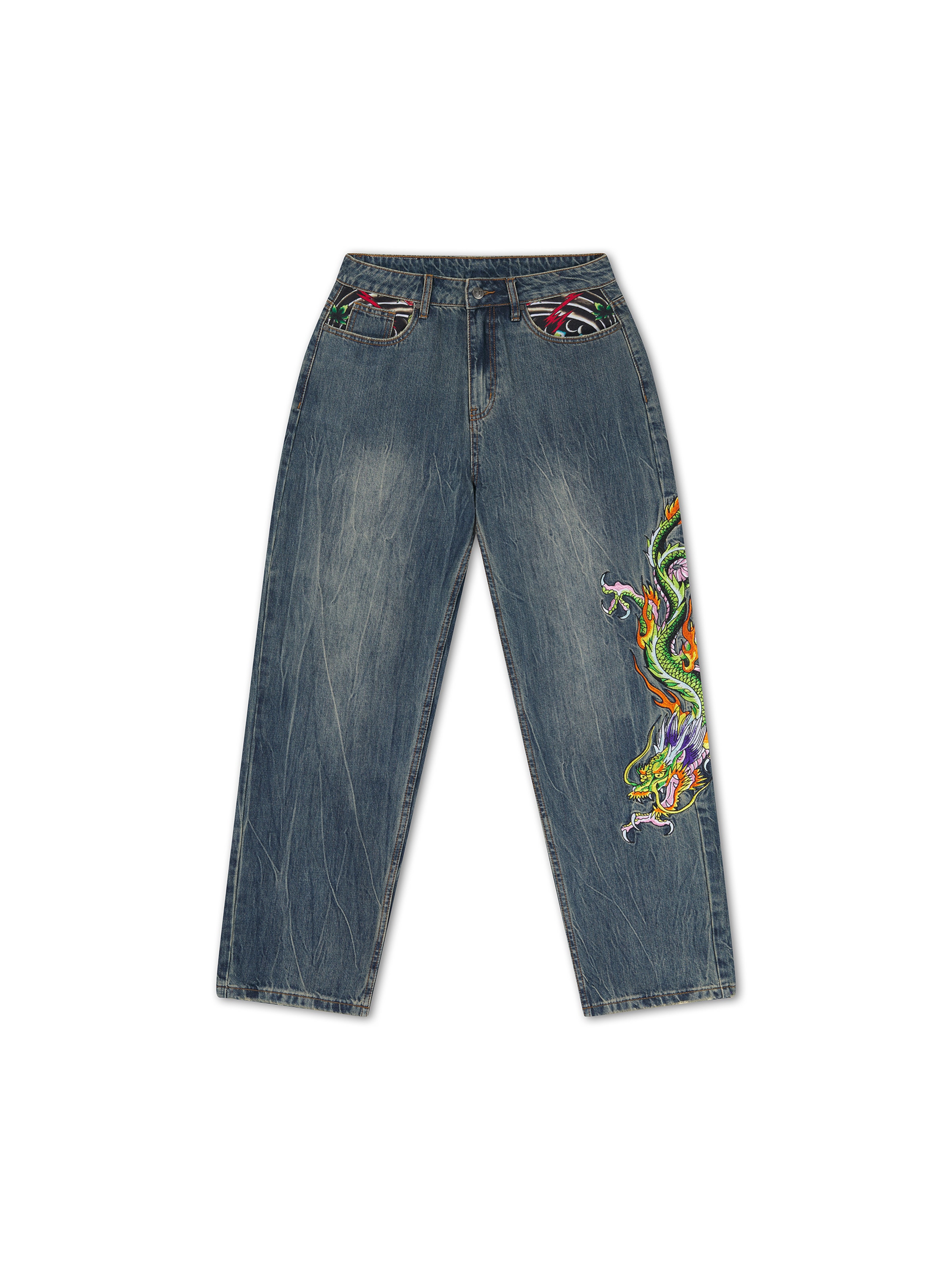 Ed Hardy - Loosefit Vaquero 'Kriechender Drache' en azul: frente
