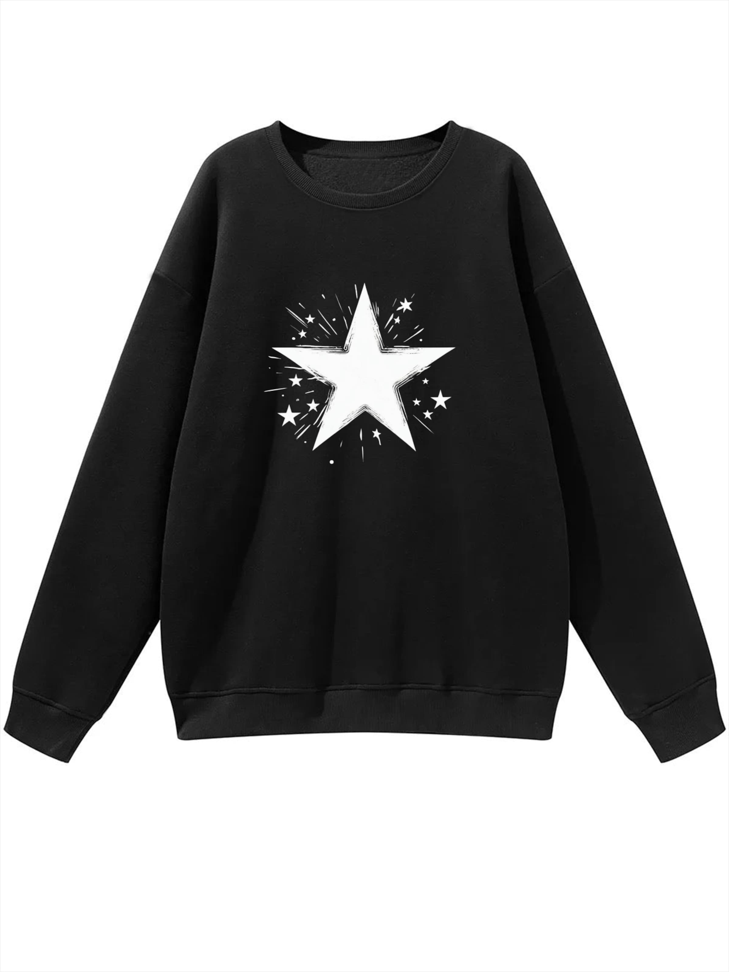 Felpa 'Women's Pullover with Star Print, Loose Fleece Pullover for Autumn/Winter' di GORHEY in nero: frontale