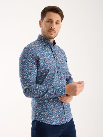 7Camicie Slim fit Zakelijk overhemd 'Donatello Poplin Stretch Man Shirt Blue Yellow' in Blauw