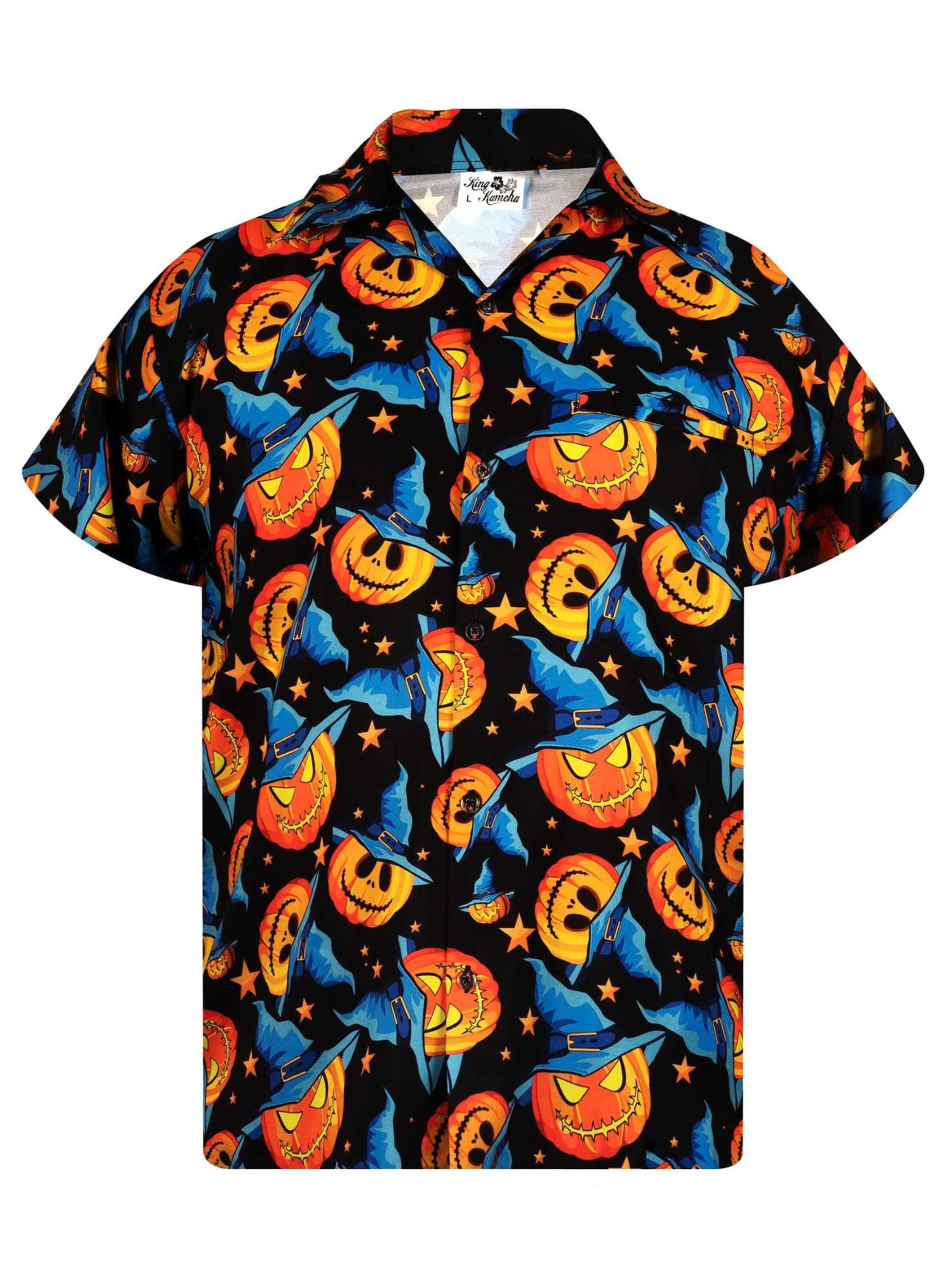 Maglietta 'Helloween Pumpkin Hat' di King Kameha in blu: frontale